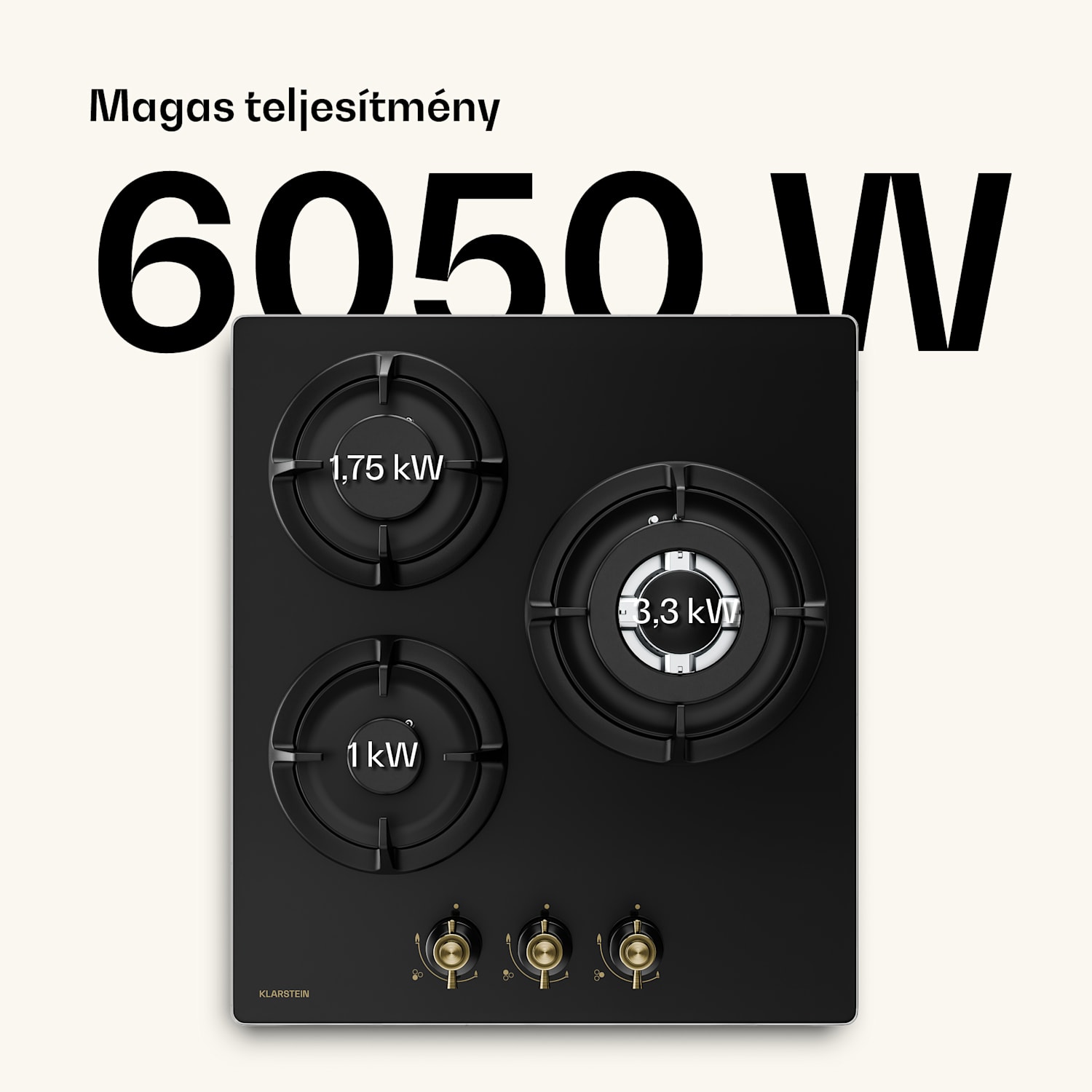 Victoria gázfőzőlap | 3 alumínium égő | földgázzal és PB-gázzal kompatibilis | 6050 W | 45 cm 45 cm | Üveg | Fekete