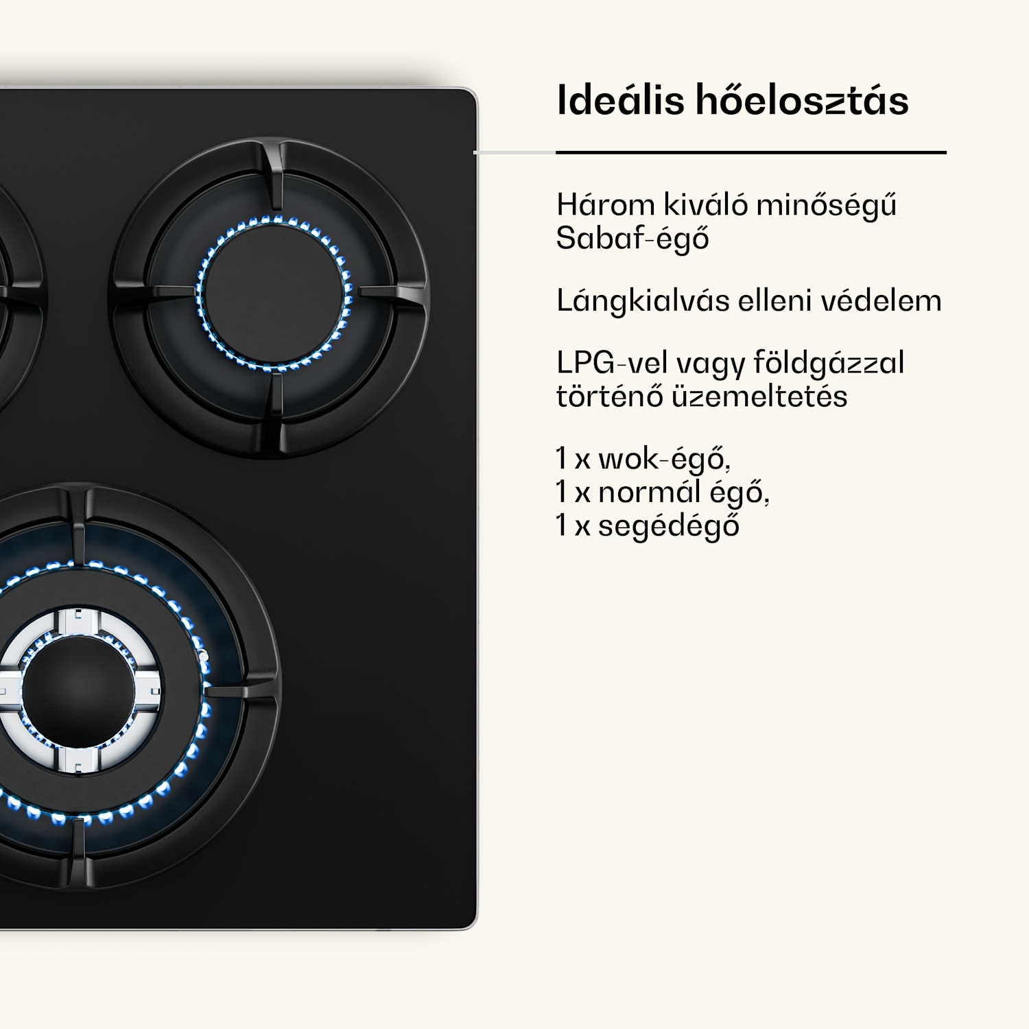 Victoria gázfőzőlap | 3 alumínium égő | földgázzal és PB-gázzal kompatibilis | 6050 W | 45 cm 45 cm | Üveg | Fekete