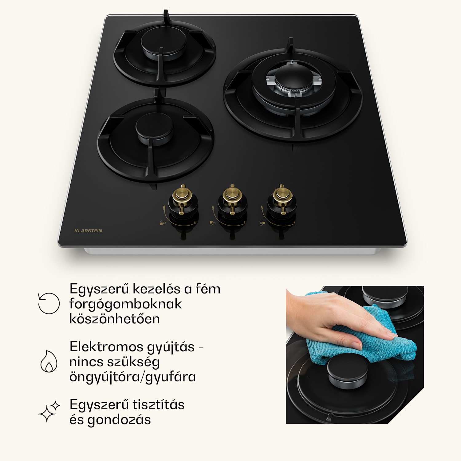 Victoria gázfőzőlap | 3 alumínium égő | földgázzal és PB-gázzal kompatibilis | 6050 W | 45 cm 45 cm | Üveg | Fekete