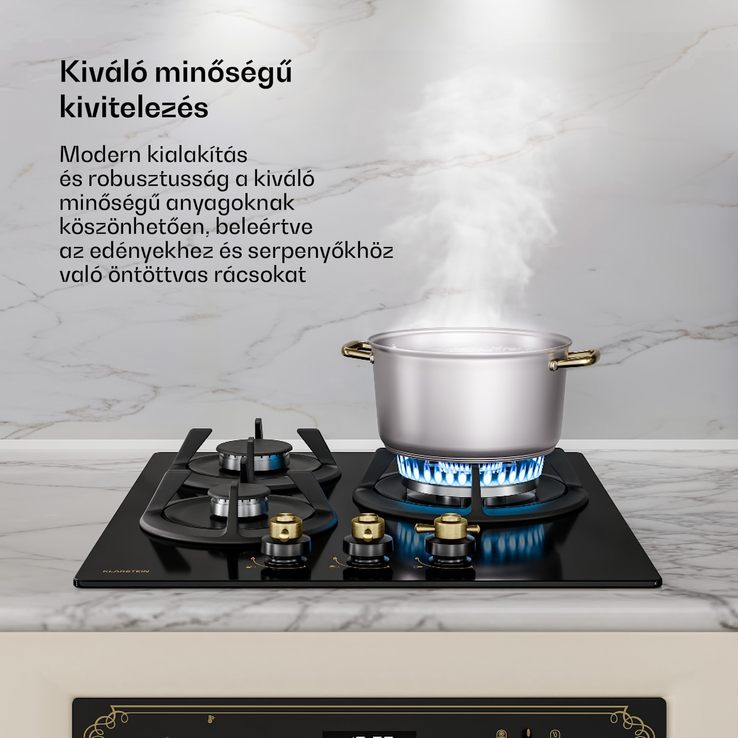 Victoria gázfőzőlap | 3 alumínium égő | földgázzal és PB-gázzal kompatibilis | 6050 W | 45 cm 45 cm | Üveg | Fekete