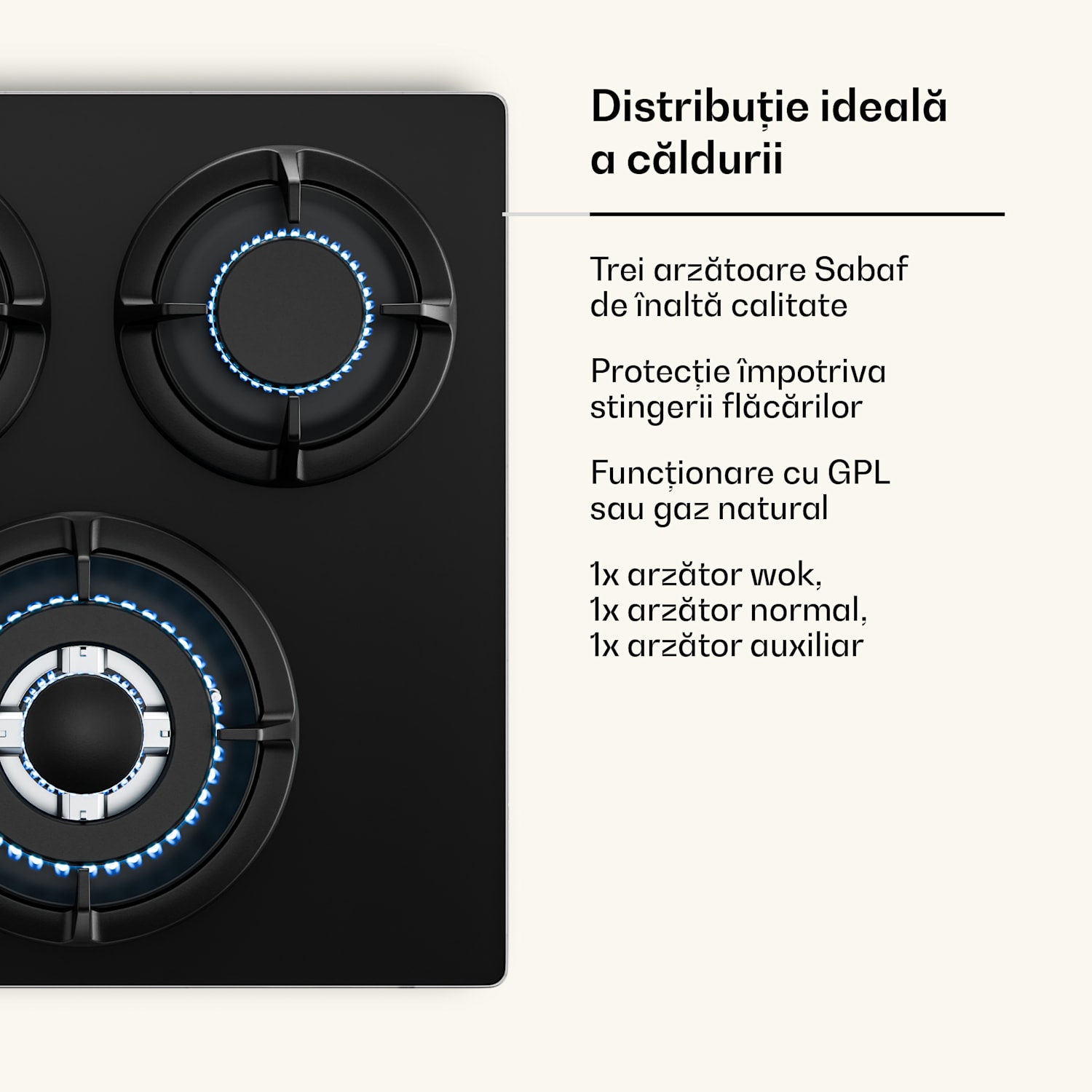 Plită pe gaz Victoria | 3 arzătoare din aluminiu | compatibilă cu gaz natural și GPL | 6050 W | 45 cm 45 cm | Sticlă | Negru