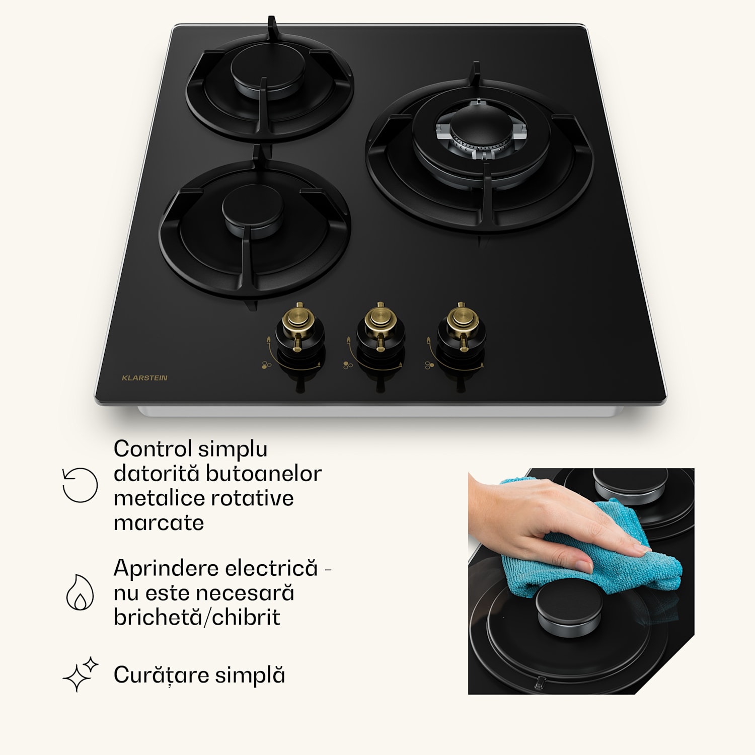 Plită pe gaz Victoria | 3 arzătoare din aluminiu | compatibilă cu gaz natural și GPL | 6050 W | 45 cm 45 cm | Sticlă | Negru