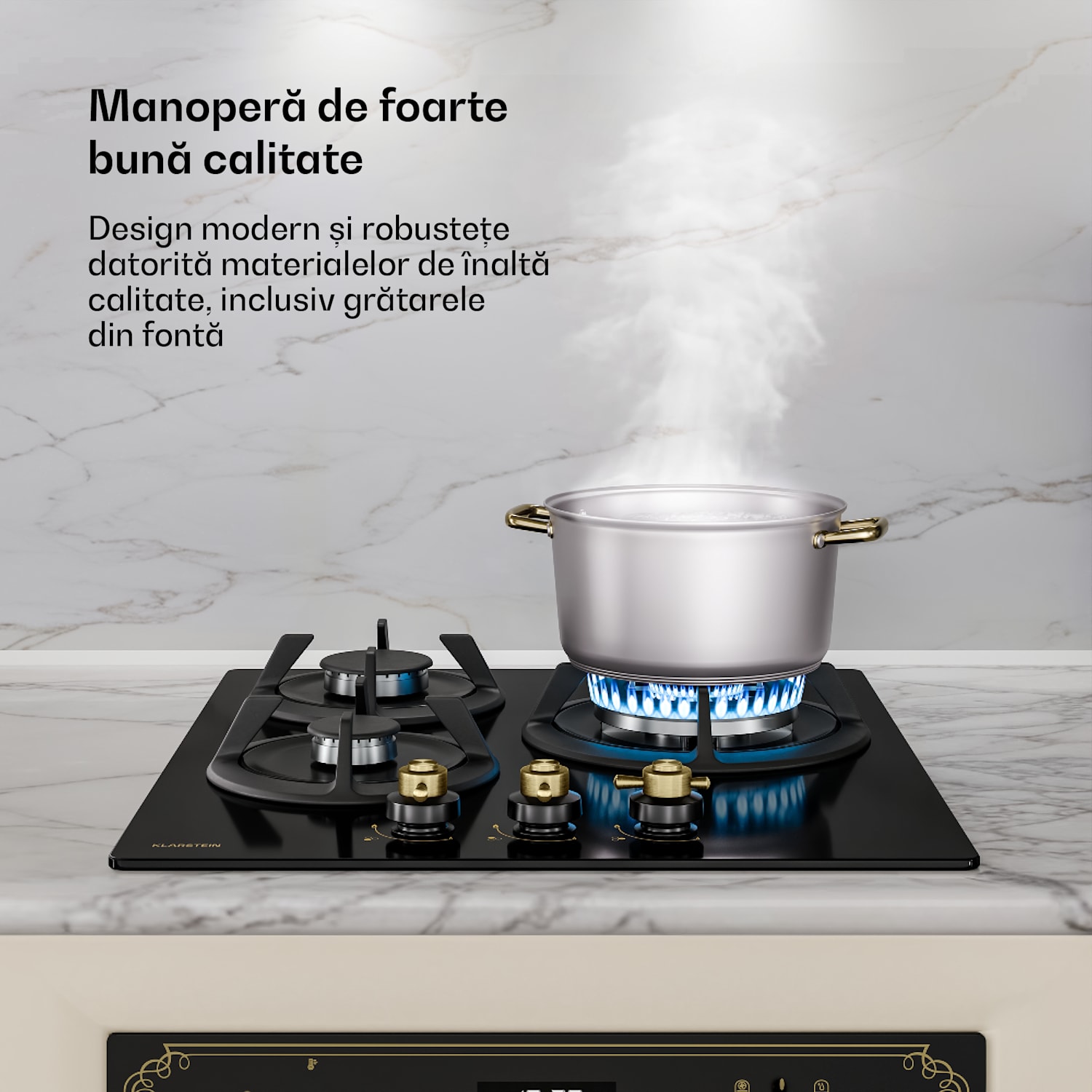 Plită pe gaz Victoria | 3 arzătoare din aluminiu | compatibilă cu gaz natural și GPL | 6050 W | 45 cm 45 cm | Sticlă | Negru