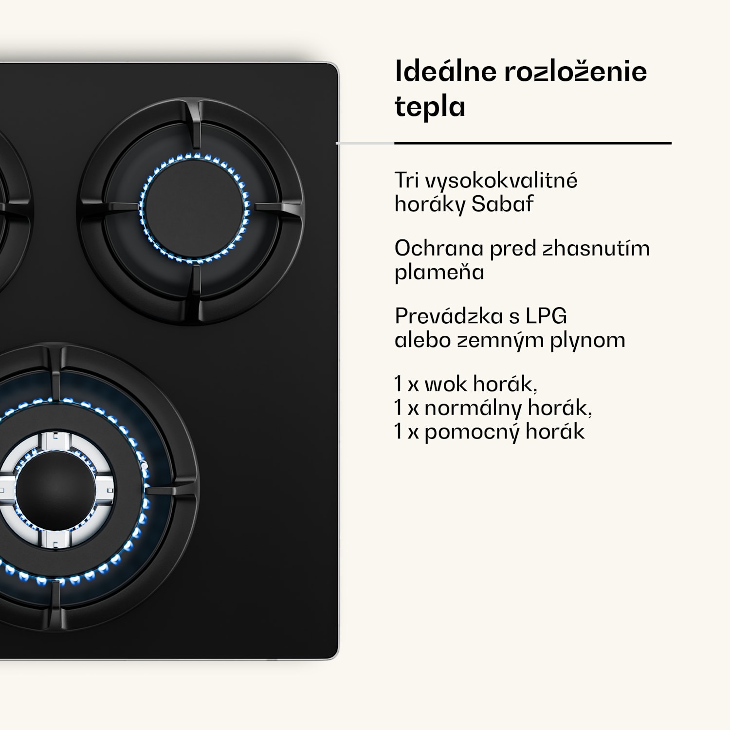 Victoria plynová varná doska | 3 hliníkové horáky | kompatibilné so zemným plynom a LPG | 6050 W | 45 cm 45 cm | Sklo | Čierna