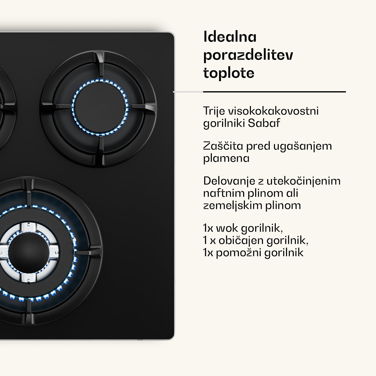 Victoria plinska kuhalna plošča | 3 aluminijasti gorilniki | združljiva z zemeljskim plinom in utekočinjenim naftnim plinom | 6050 W | 45 cm 45 cm | Steklo | Črna