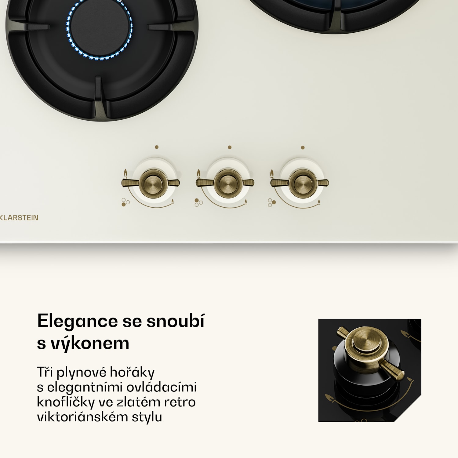 Victoria plynová varná deska | 3 hliníkové hořáky | kompatibilní se zemním plynem a LPG | 6050 W | 45 cm 45 cm | Sklo | Krémová