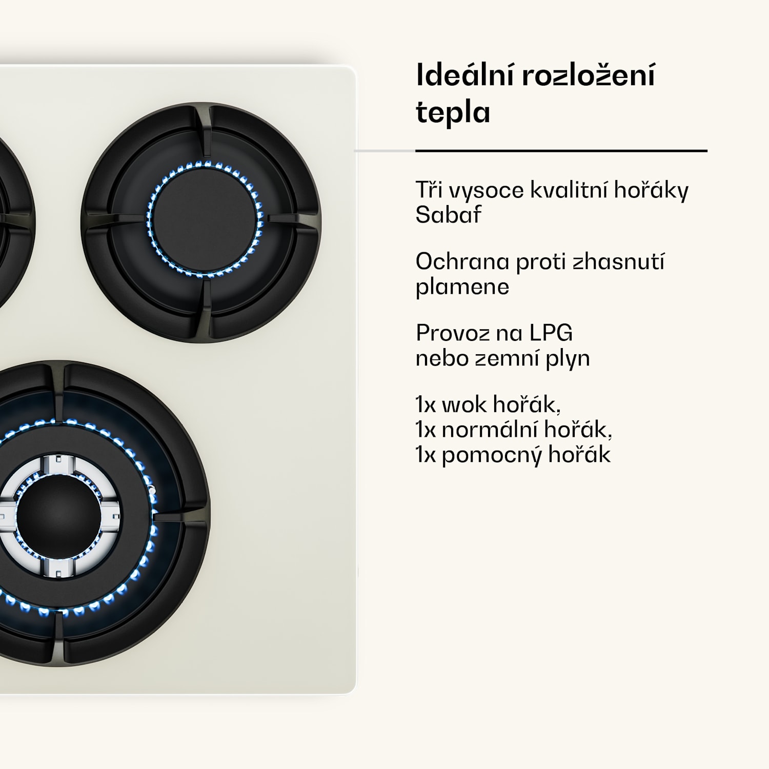 Victoria plynová varná deska | 3 hliníkové hořáky | kompatibilní se zemním plynem a LPG | 6050 W | 45 cm 45 cm | Sklo | Krémová