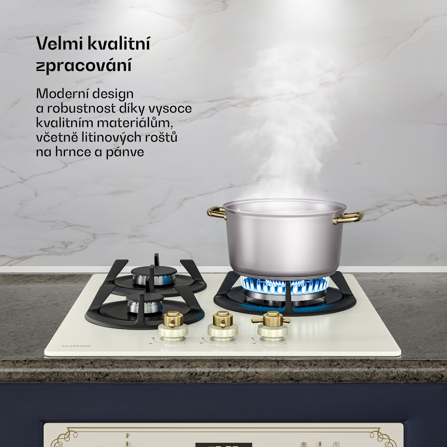 Victoria plynová varná deska | 3 hliníkové hořáky | kompatibilní se zemním plynem a LPG | 6050 W | 45 cm 45 cm | Sklo | Krémová