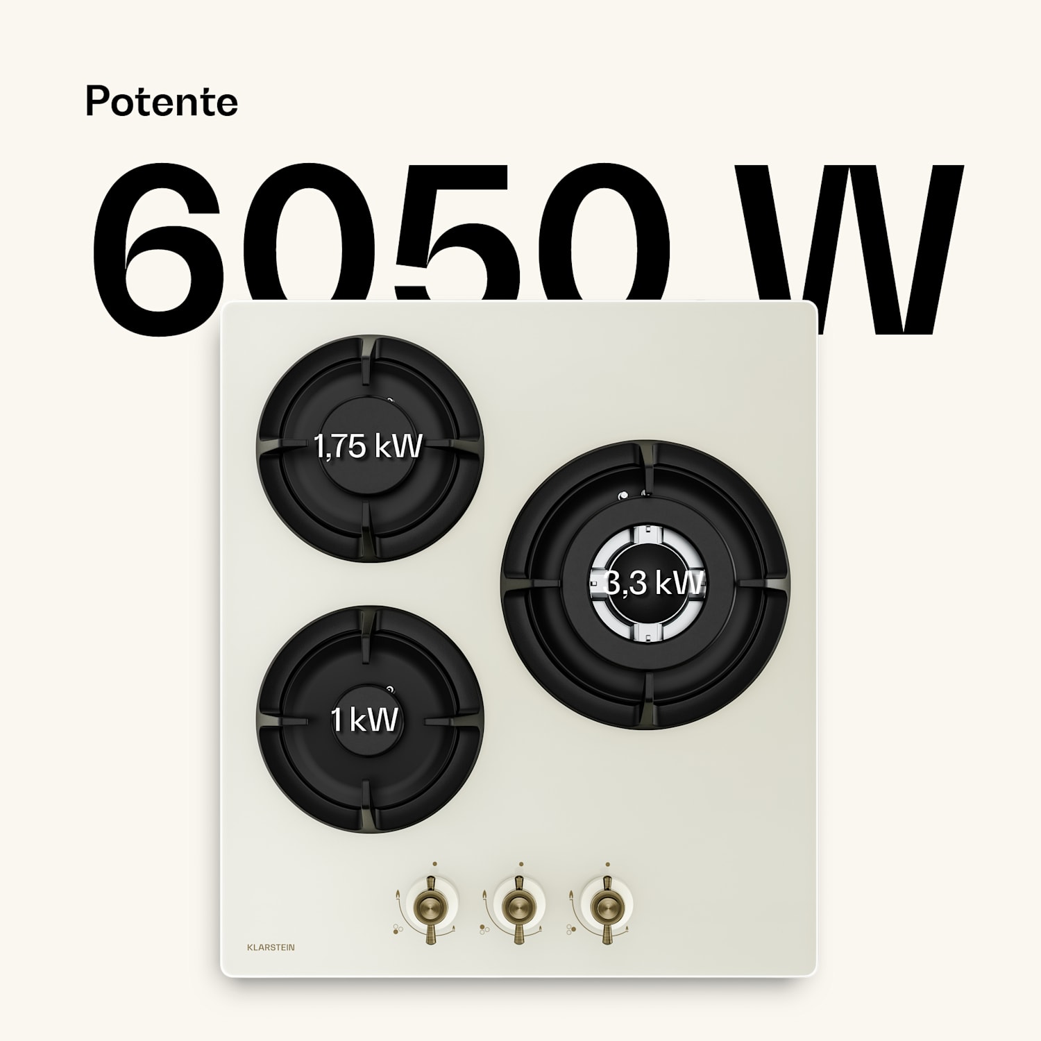 Victoria placa de gas | 3 quemadores de aluminio | compatible con gas natural y GPL | 6050 W | 45 cm 45 cm | Cristal | Crema