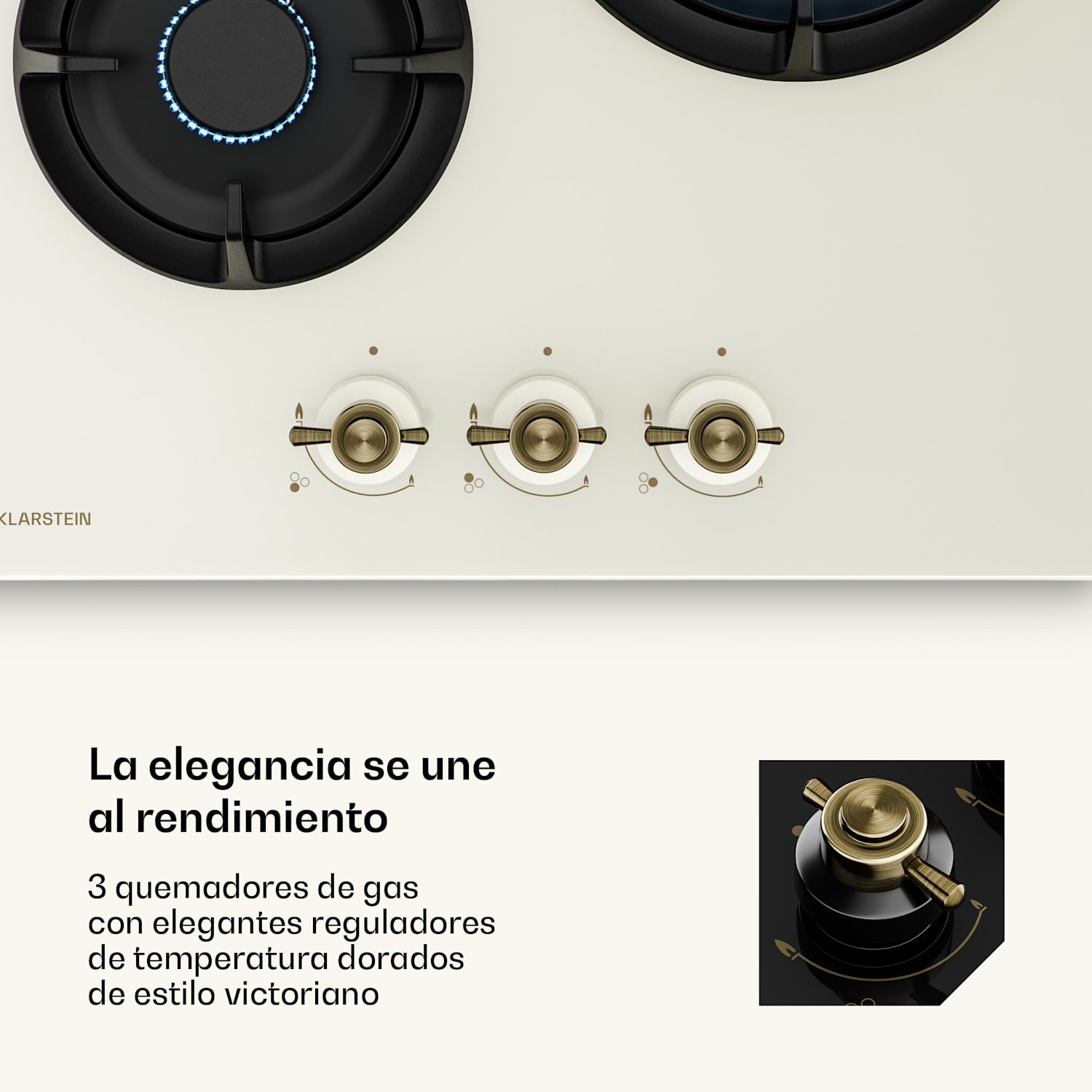 Victoria placa de gas | 3 quemadores de aluminio | compatible con gas natural y GPL | 6050 W | 45 cm 45 cm | Cristal | Crema