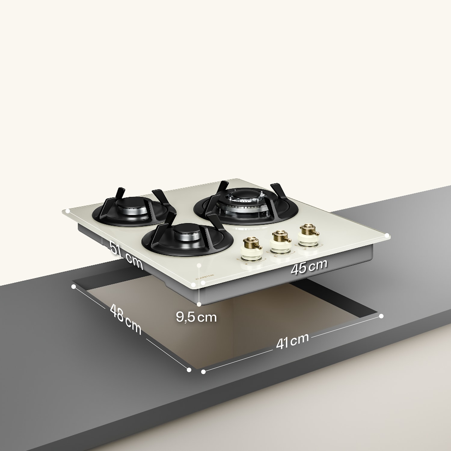 Victoria placa de gas | 3 quemadores de aluminio | compatible con gas natural y GPL | 6050 W | 45 cm 45 cm | Cristal | Crema