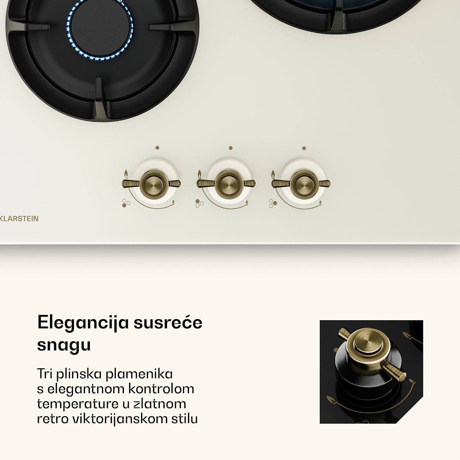 Victoria plinska kuhinjska ploča | 3 aluminijska plamenika | kompatibilna s prirodnim plinom i LPG-om | 6050 W | 45 cm 45 cm | Staklo | Krem