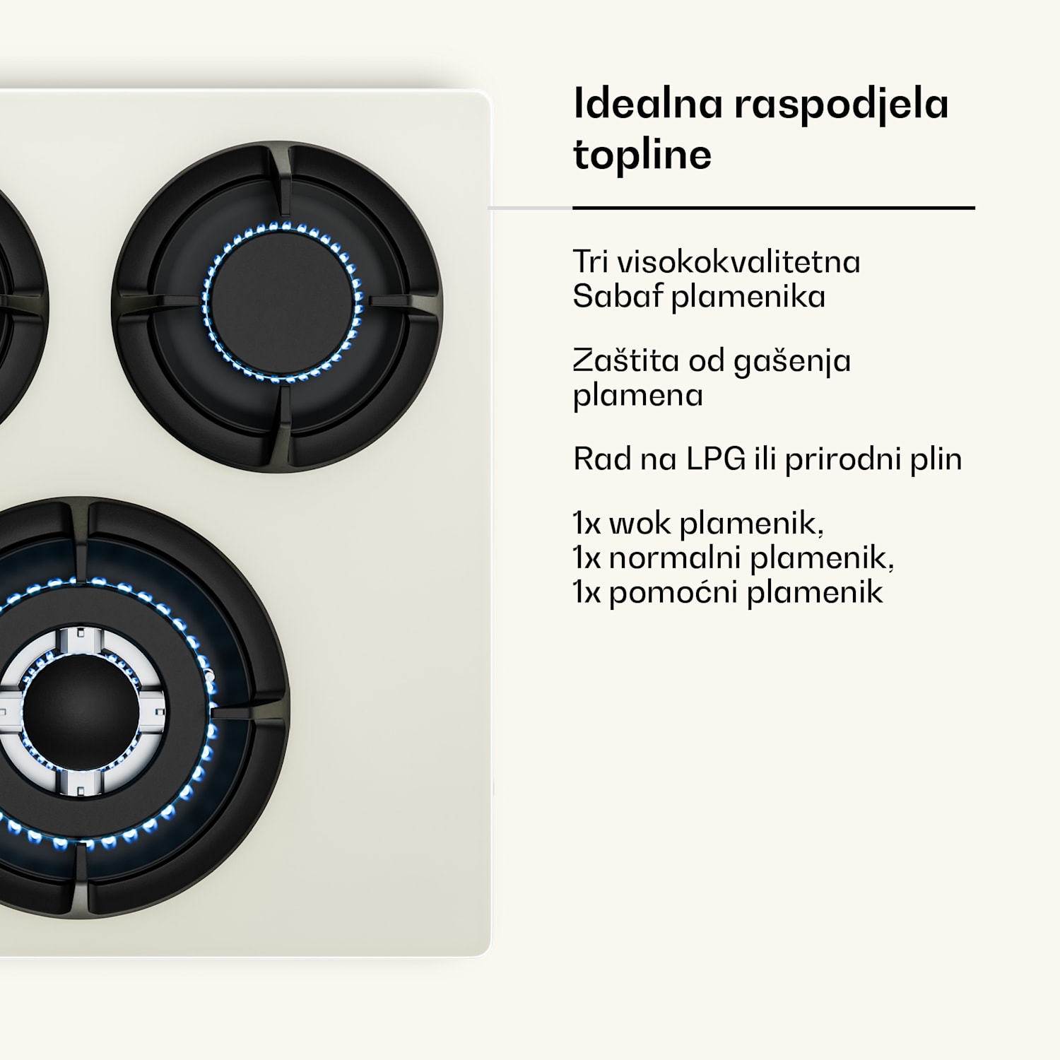 Victoria plinska kuhinjska ploča | 3 aluminijska plamenika | kompatibilna s prirodnim plinom i LPG-om | 6050 W | 45 cm 45 cm | Staklo | Krem