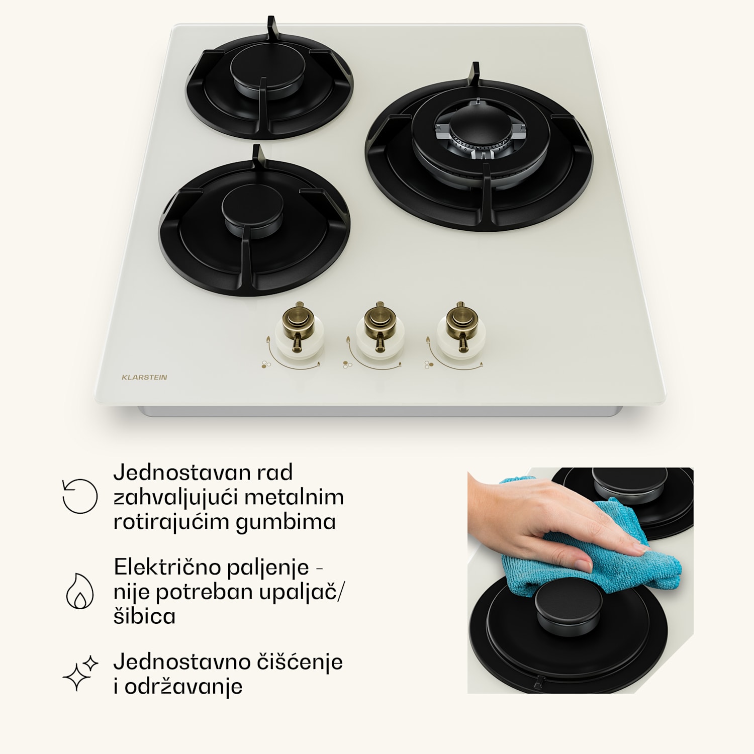 Victoria plinska kuhinjska ploča | 3 aluminijska plamenika | kompatibilna s prirodnim plinom i LPG-om | 6050 W | 45 cm 45 cm | Staklo | Krem