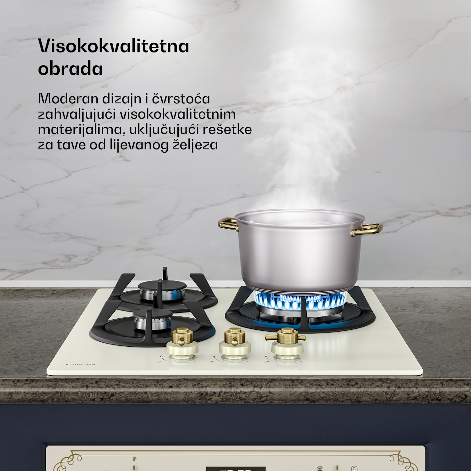 Victoria plinska kuhinjska ploča | 3 aluminijska plamenika | kompatibilna s prirodnim plinom i LPG-om | 6050 W | 45 cm 45 cm | Staklo | Krem