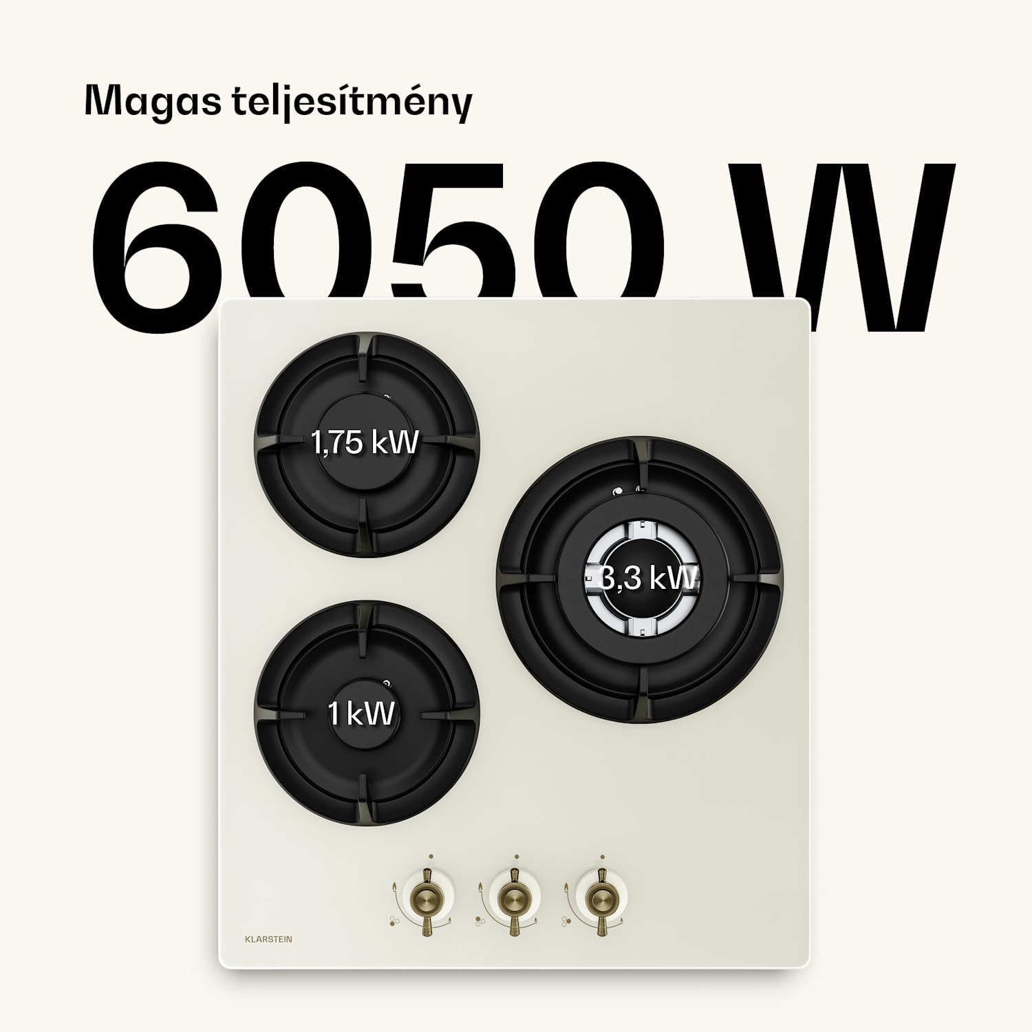 Victoria gázfőzőlap | 3 alumínium égő | földgázzal és PB-gázzal kompatibilis | 6050 W | 45 cm 45 cm | Üveg | Krém