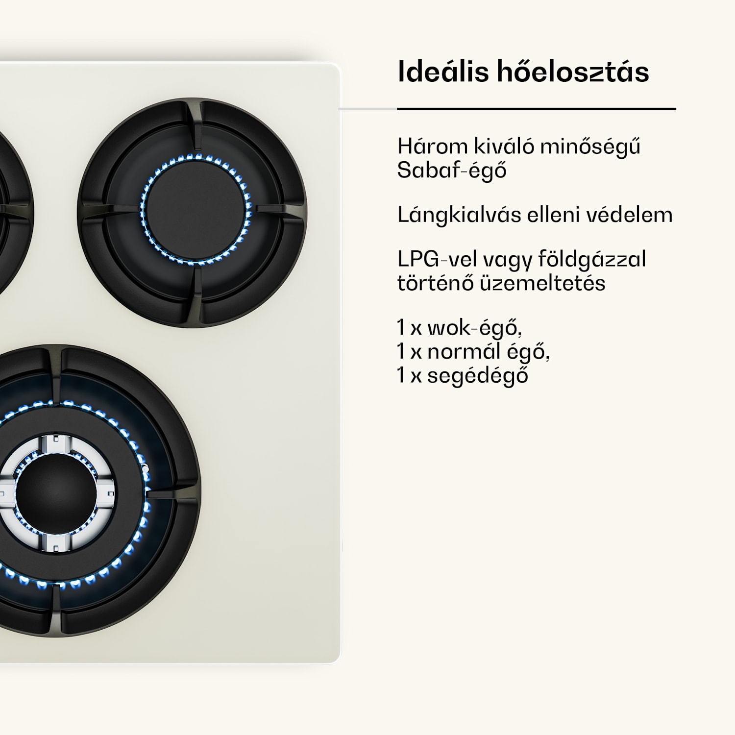 Victoria gázfőzőlap | 3 alumínium égő | földgázzal és PB-gázzal kompatibilis | 6050 W | 45 cm 45 cm | Üveg | Krém