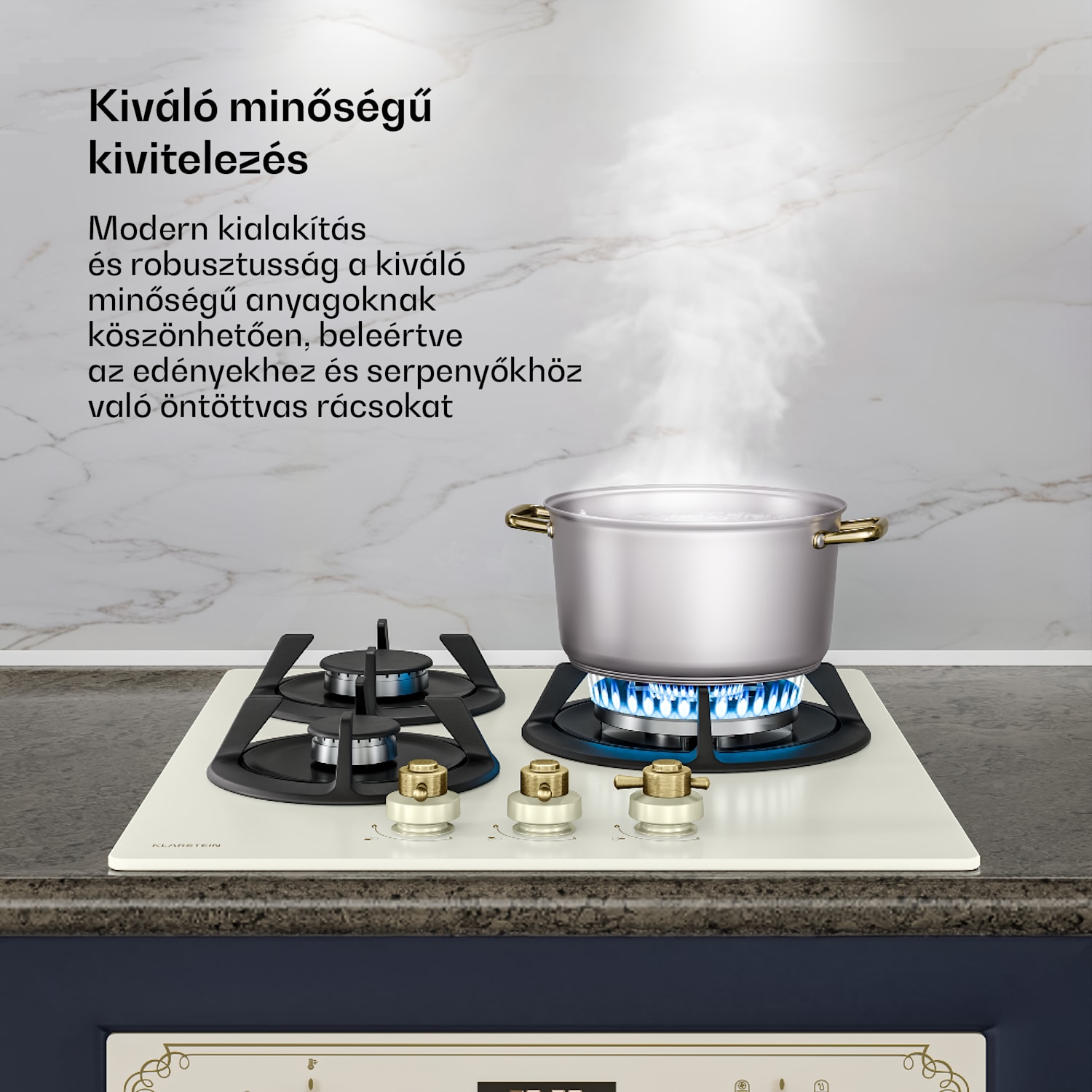 Victoria gázfőzőlap | 3 alumínium égő | földgázzal és PB-gázzal kompatibilis | 6050 W | 45 cm 45 cm | Üveg | Krém