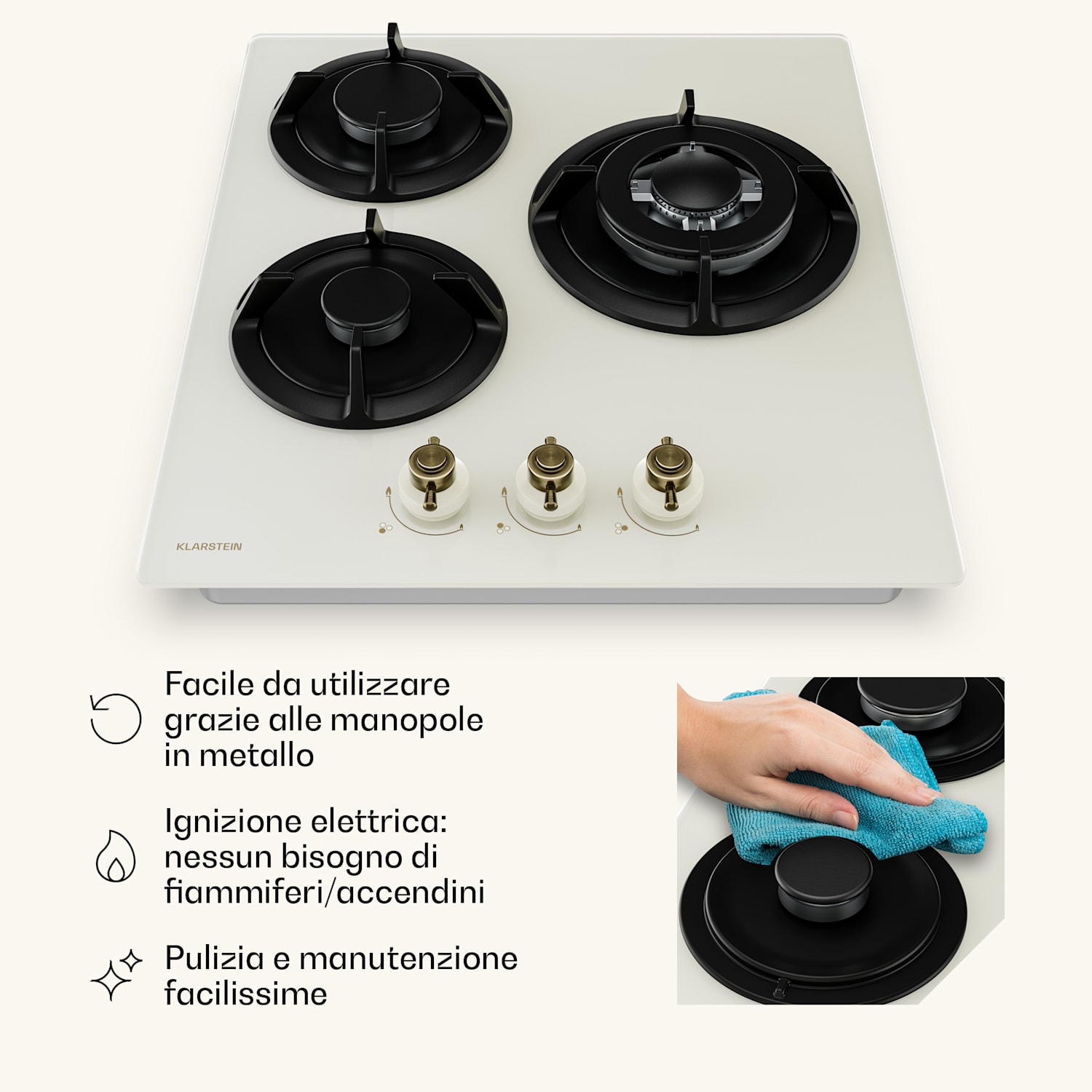 Piastra a gas Victoria | 3 bruciatori in alluminio | Compatibile con gas naturale e GPL | 6050 W | 45 cm 45 cm | Vetro | Crema