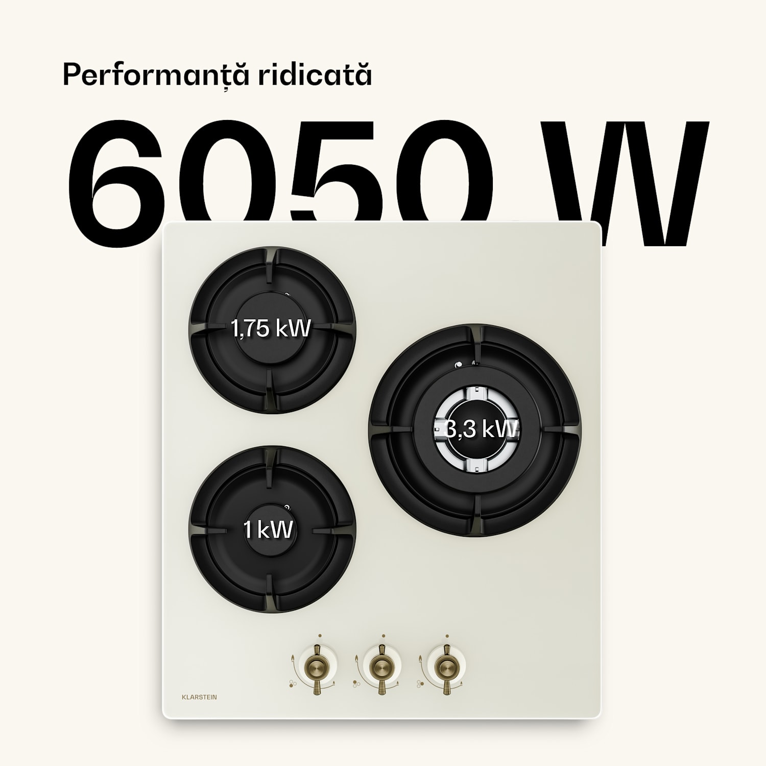 Plită pe gaz Victoria | 3 arzătoare din aluminiu | compatibilă cu gaz natural și GPL | 6050 W | 45 cm 45 cm | Sticlă | Crem