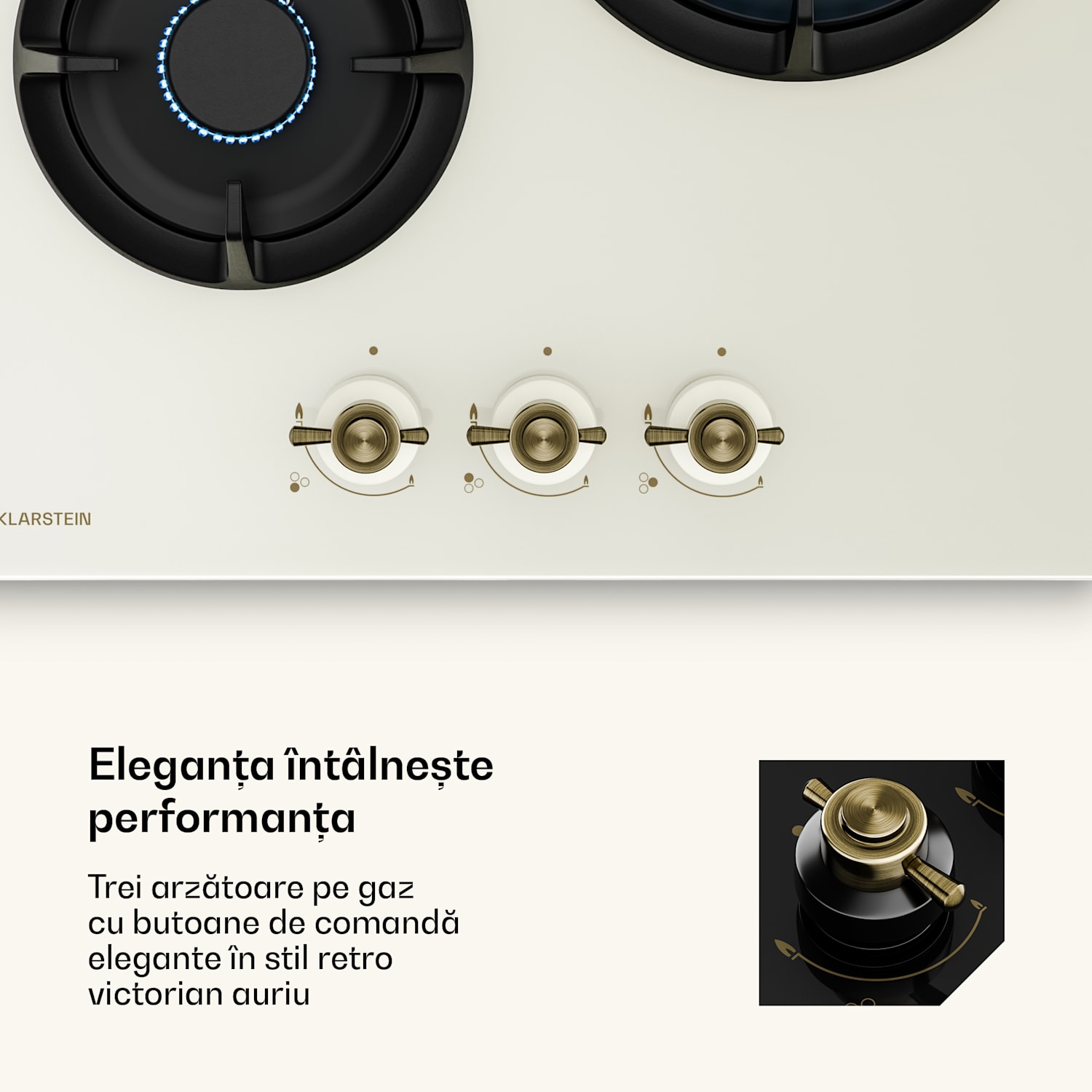 Plită pe gaz Victoria | 3 arzătoare din aluminiu | compatibilă cu gaz natural și GPL | 6050 W | 45 cm 45 cm | Sticlă | Crem