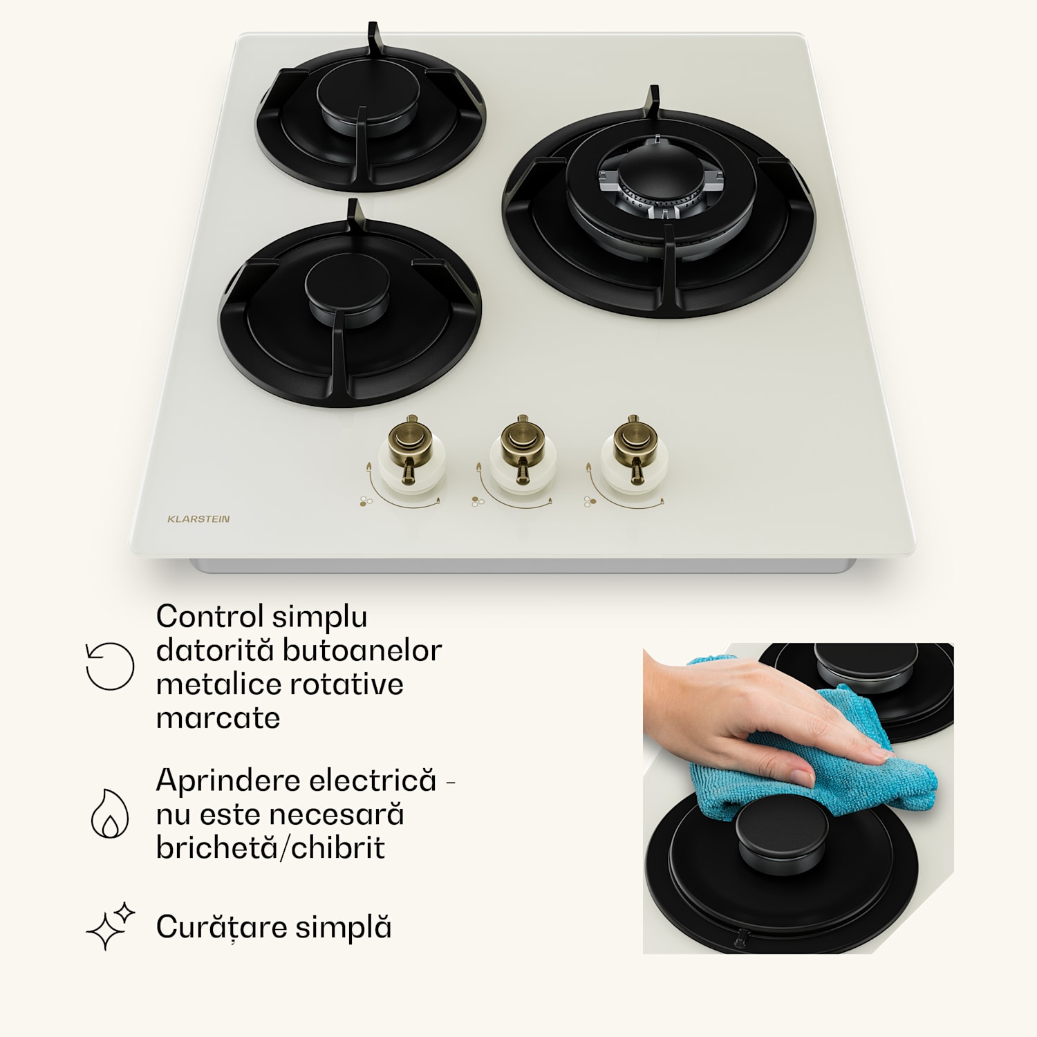 Plită pe gaz Victoria | 3 arzătoare din aluminiu | compatibilă cu gaz natural și GPL | 6050 W | 45 cm 45 cm | Sticlă | Crem