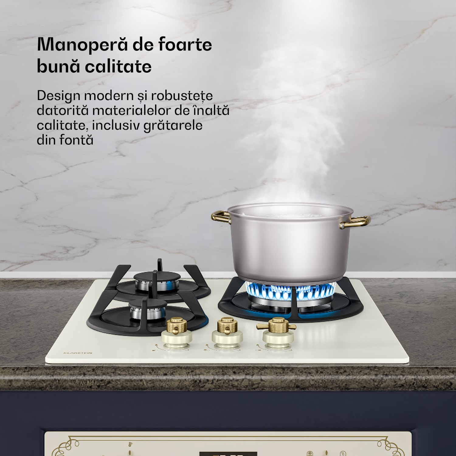 Plită pe gaz Victoria | 3 arzătoare din aluminiu | compatibilă cu gaz natural și GPL | 6050 W | 45 cm 45 cm | Sticlă | Crem