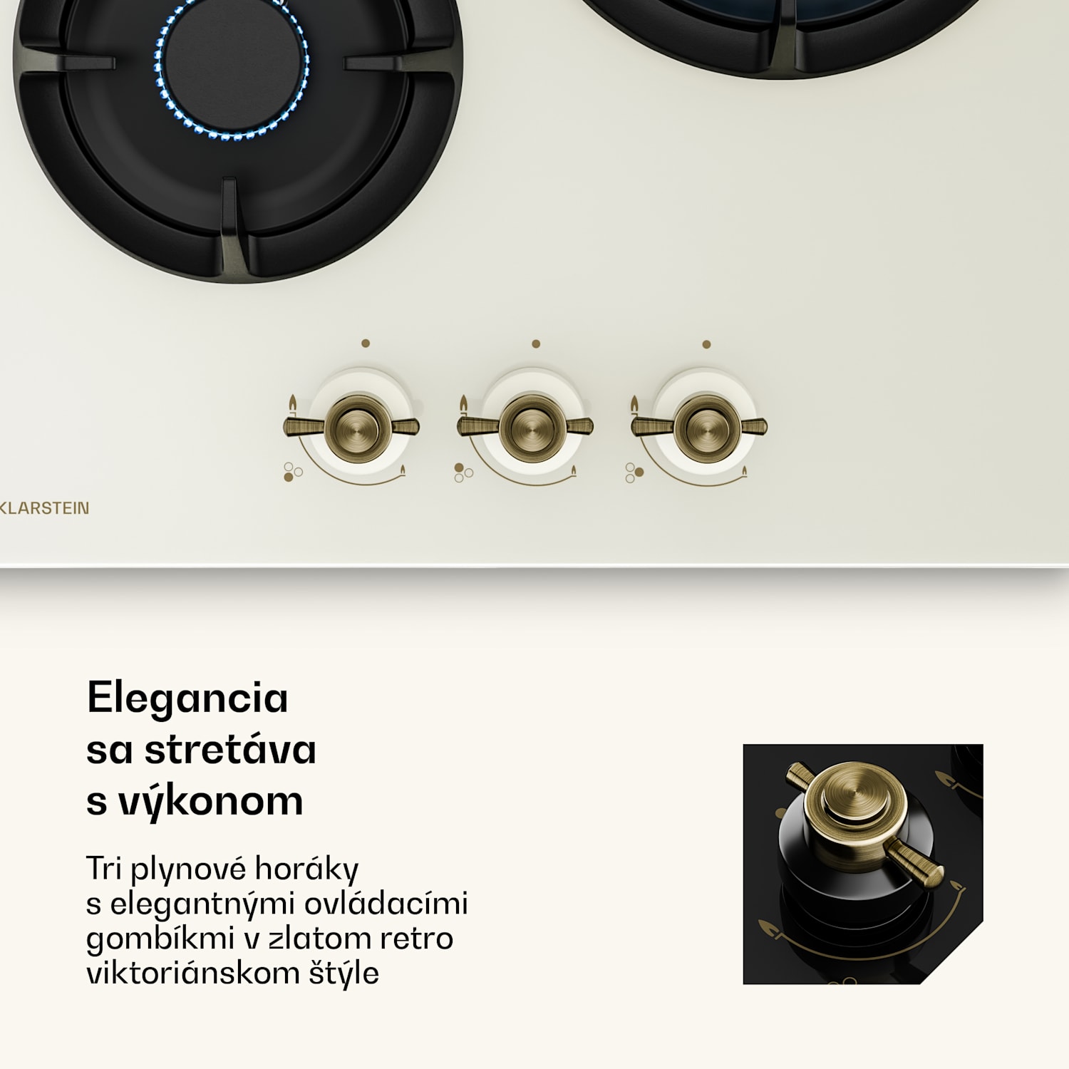 Victoria plynová varná doska | 3 hliníkové horáky | kompatibilné so zemným plynom a LPG | 6050 W | 45 cm 45 cm | Sklo | Krémová