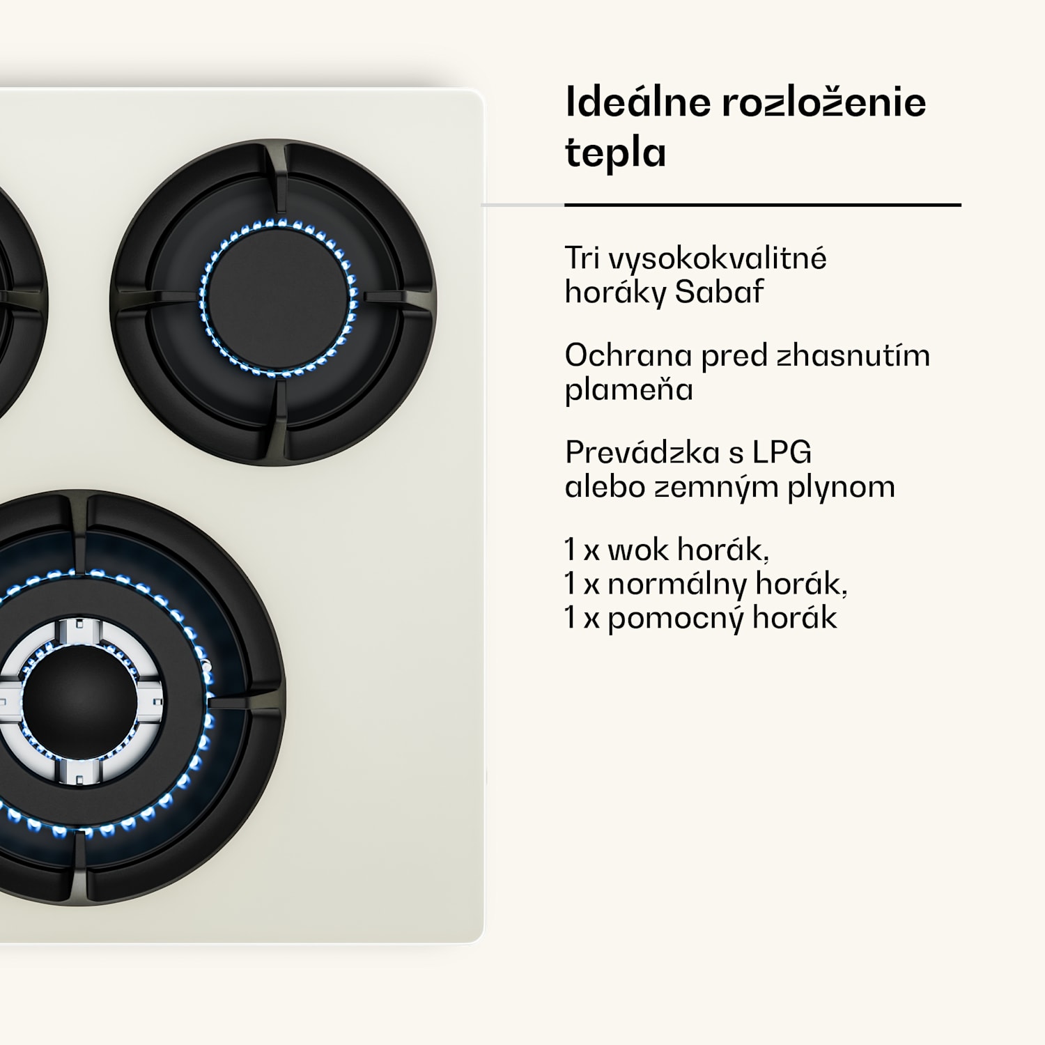 Victoria plynová varná doska | 3 hliníkové horáky | kompatibilné so zemným plynom a LPG | 6050 W | 45 cm 45 cm | Sklo | Krémová