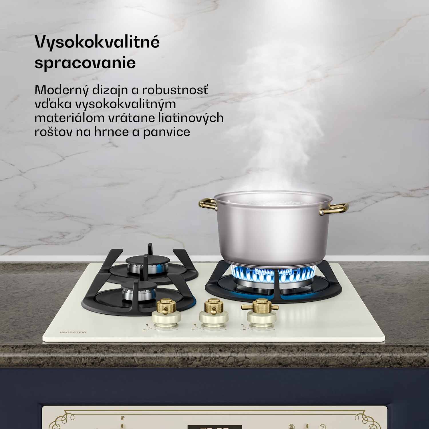 Victoria plynová varná doska | 3 hliníkové horáky | kompatibilné so zemným plynom a LPG | 6050 W | 45 cm 45 cm | Sklo | Krémová