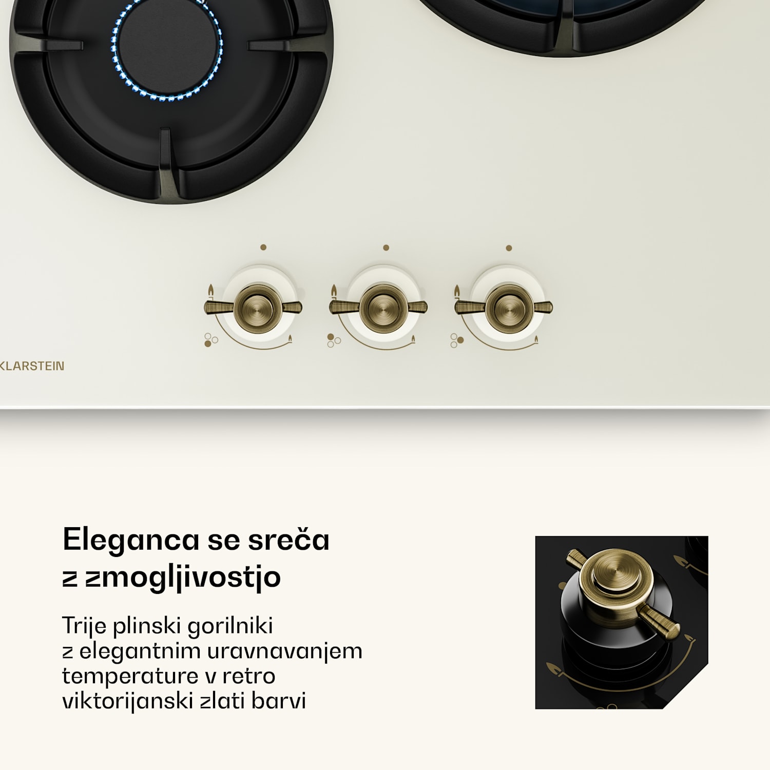 Victoria plinska kuhalna plošča | 3 aluminijasti gorilniki | združljiva z zemeljskim plinom in utekočinjenim naftnim plinom | 6050 W | 45 cm 45 cm | Steklo | Kremna