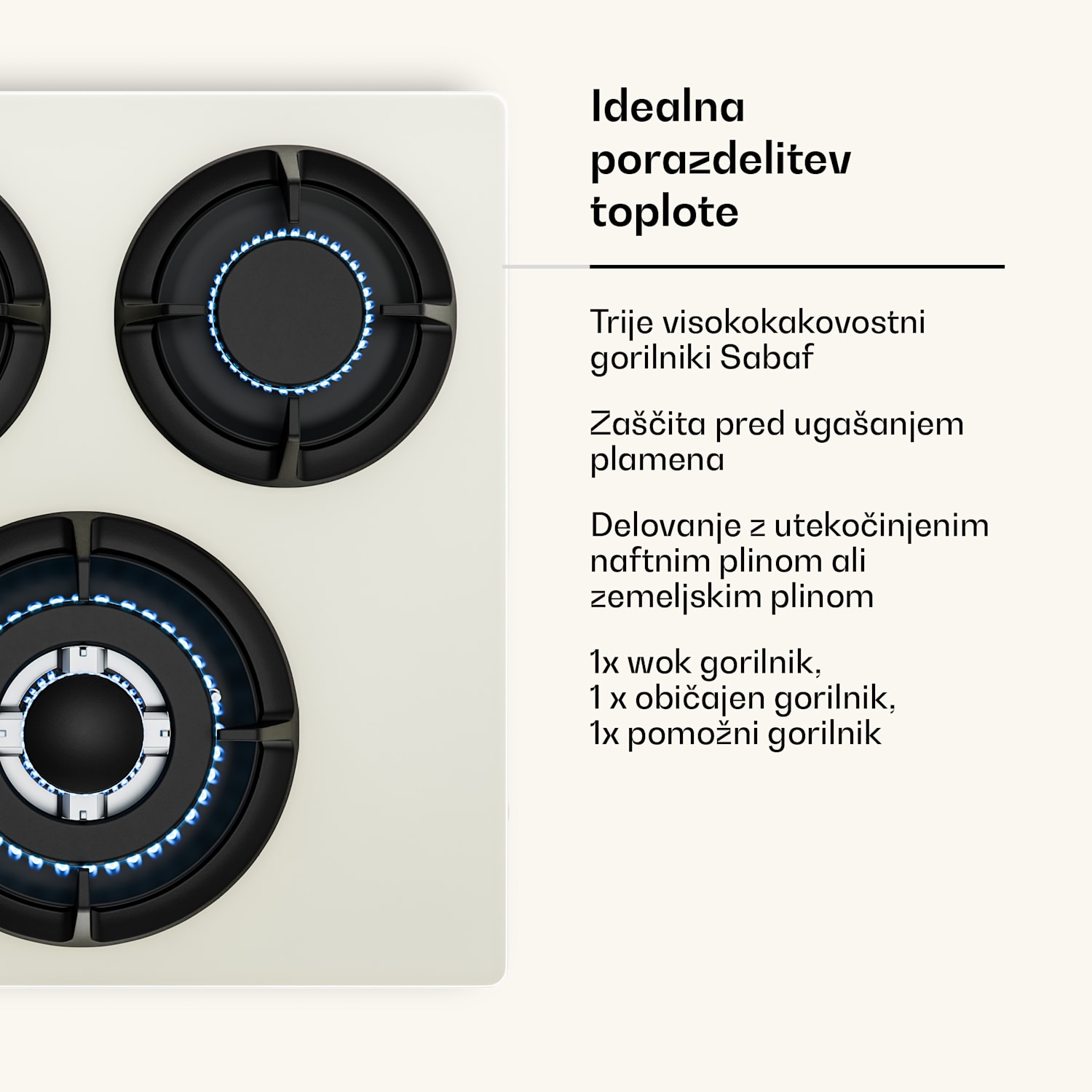 Victoria plinska kuhalna plošča | 3 aluminijasti gorilniki | združljiva z zemeljskim plinom in utekočinjenim naftnim plinom | 6050 W | 45 cm 45 cm | Steklo | Kremna