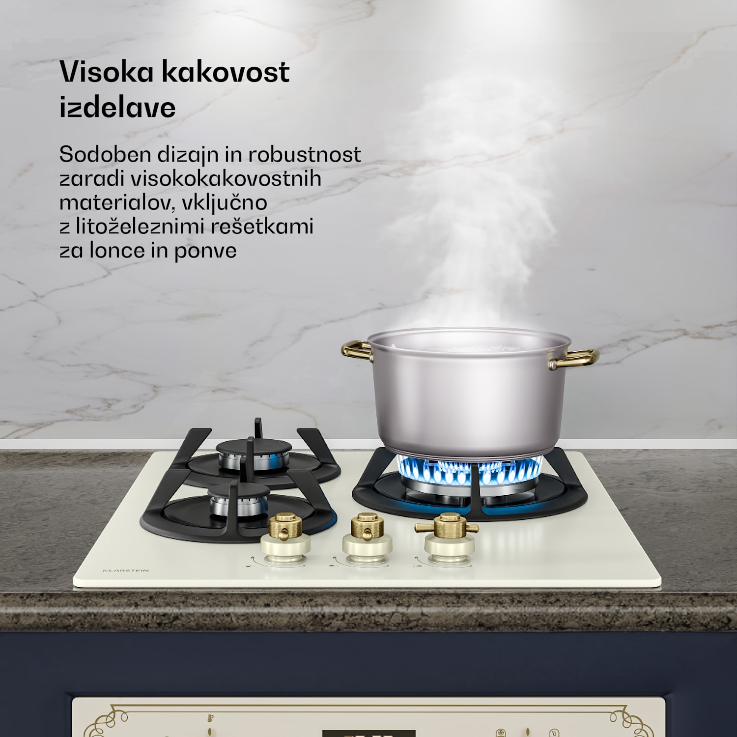 Victoria plinska kuhalna plošča | 3 aluminijasti gorilniki | združljiva z zemeljskim plinom in utekočinjenim naftnim plinom | 6050 W | 45 cm 45 cm | Steklo | Kremna