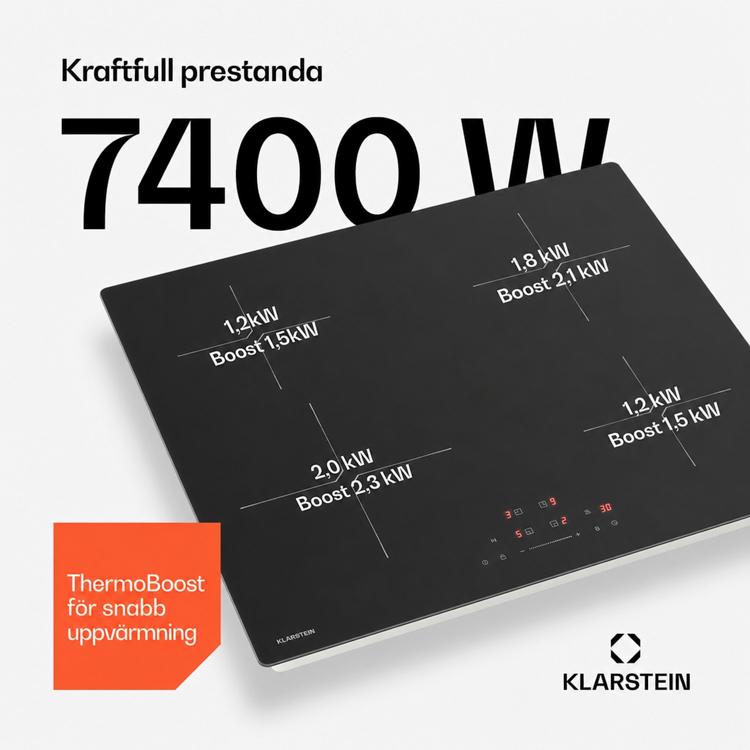 PowerGlide induktionshäll | Reptålig yta | 4 kokzoner | 7400 W | 60 cm 60 cm | Anti-repor | Svart
