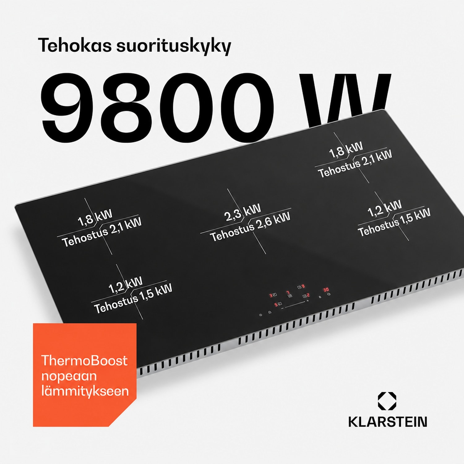 PowerGlide induktiokeittotaso | Naarmuuntumaton pinta | 5 keittoaluetta | 9800 W | 90 cm 90 cm | Naarmuuntumaton | Musta