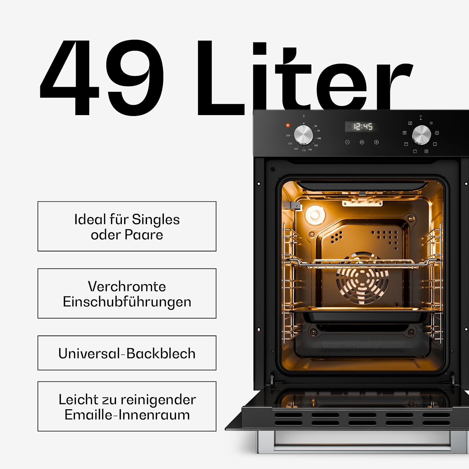 Verosteel Einbaubackofen | 45 cm | 49 Liter | Energieeffizientzklasse A | 2000 W | Schwarz 