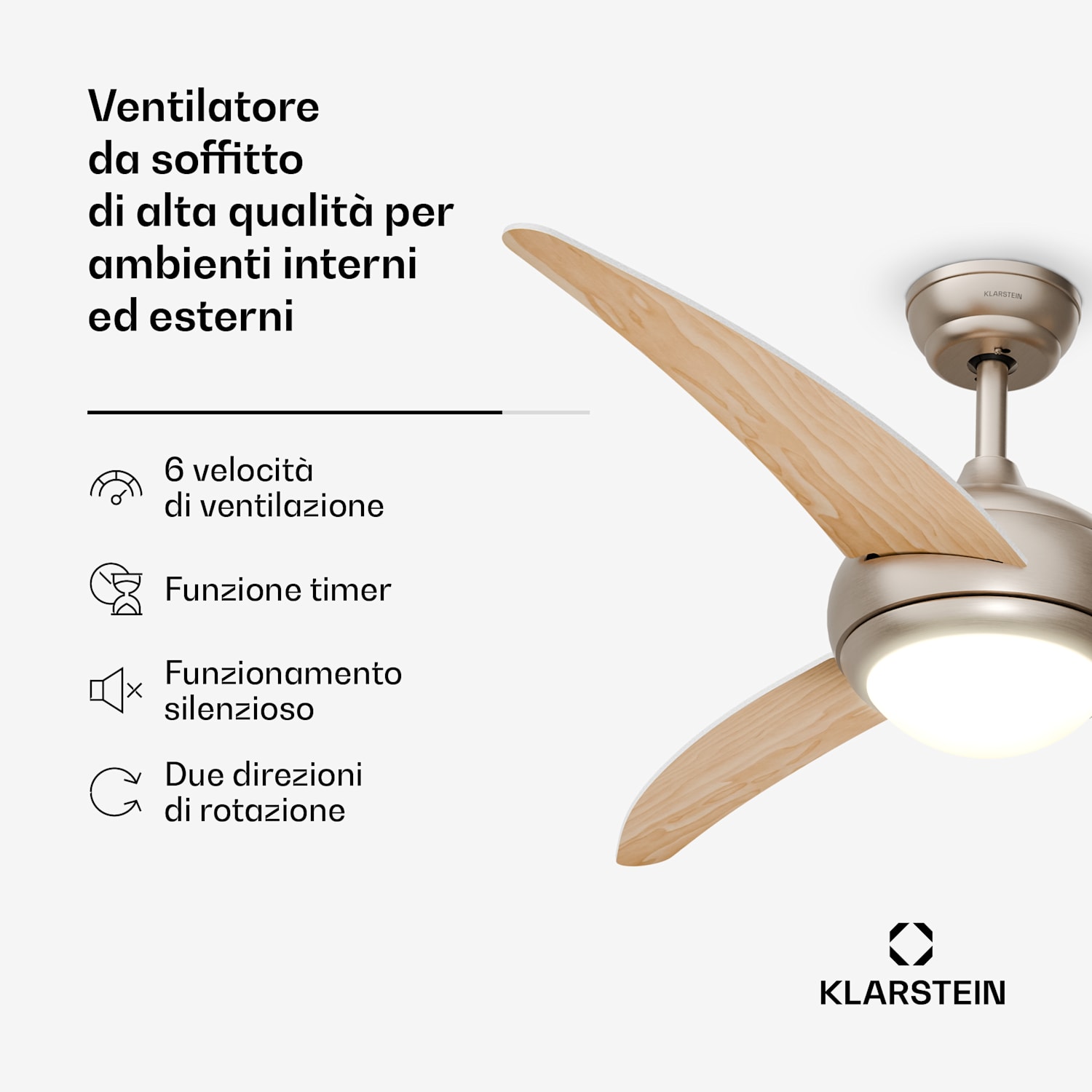 El Paso - Ventilatore da soffitto con lampada | 132 cm | 35 W | Funzionamento silenzioso | Legno Acero