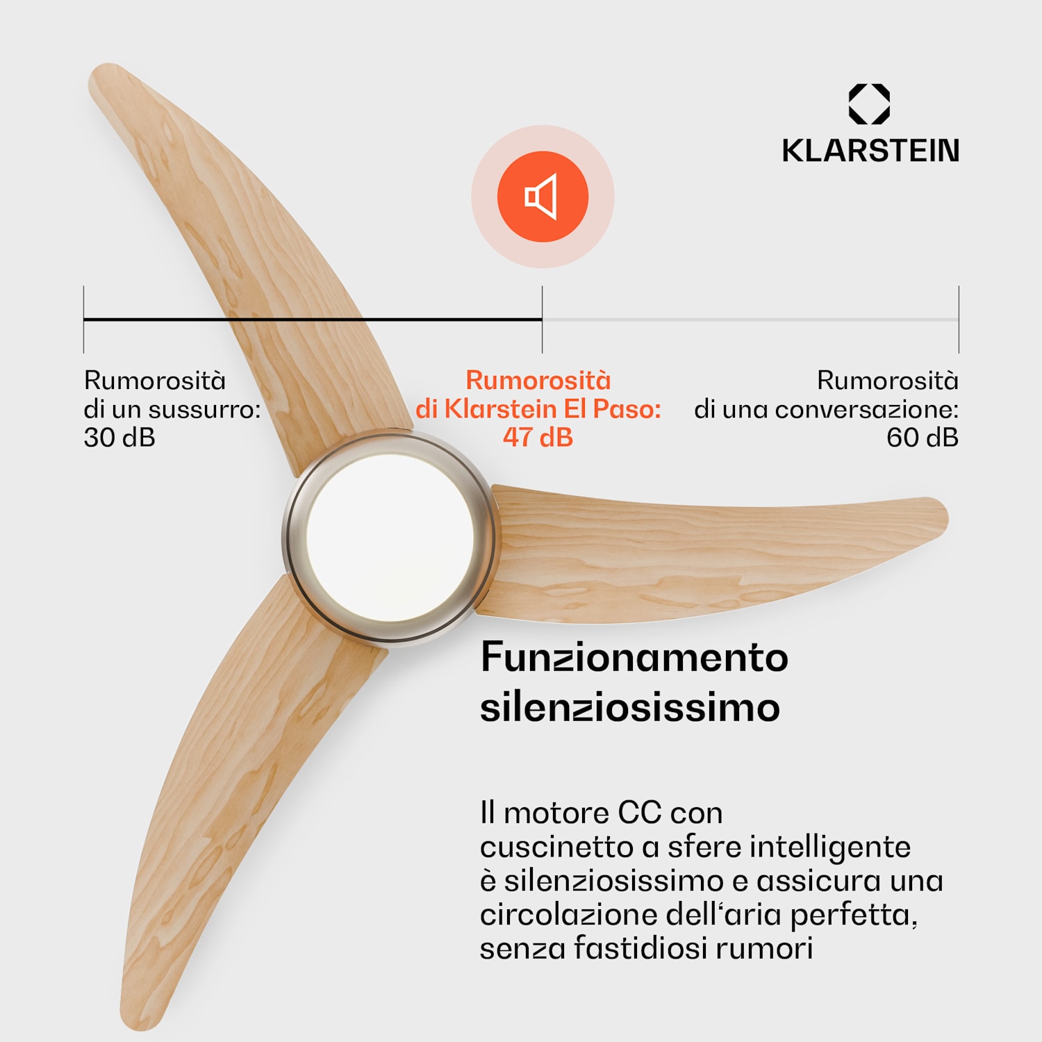 El Paso - Ventilatore da soffitto con lampada | 132 cm | 35 W | Funzionamento silenzioso | Legno Acero