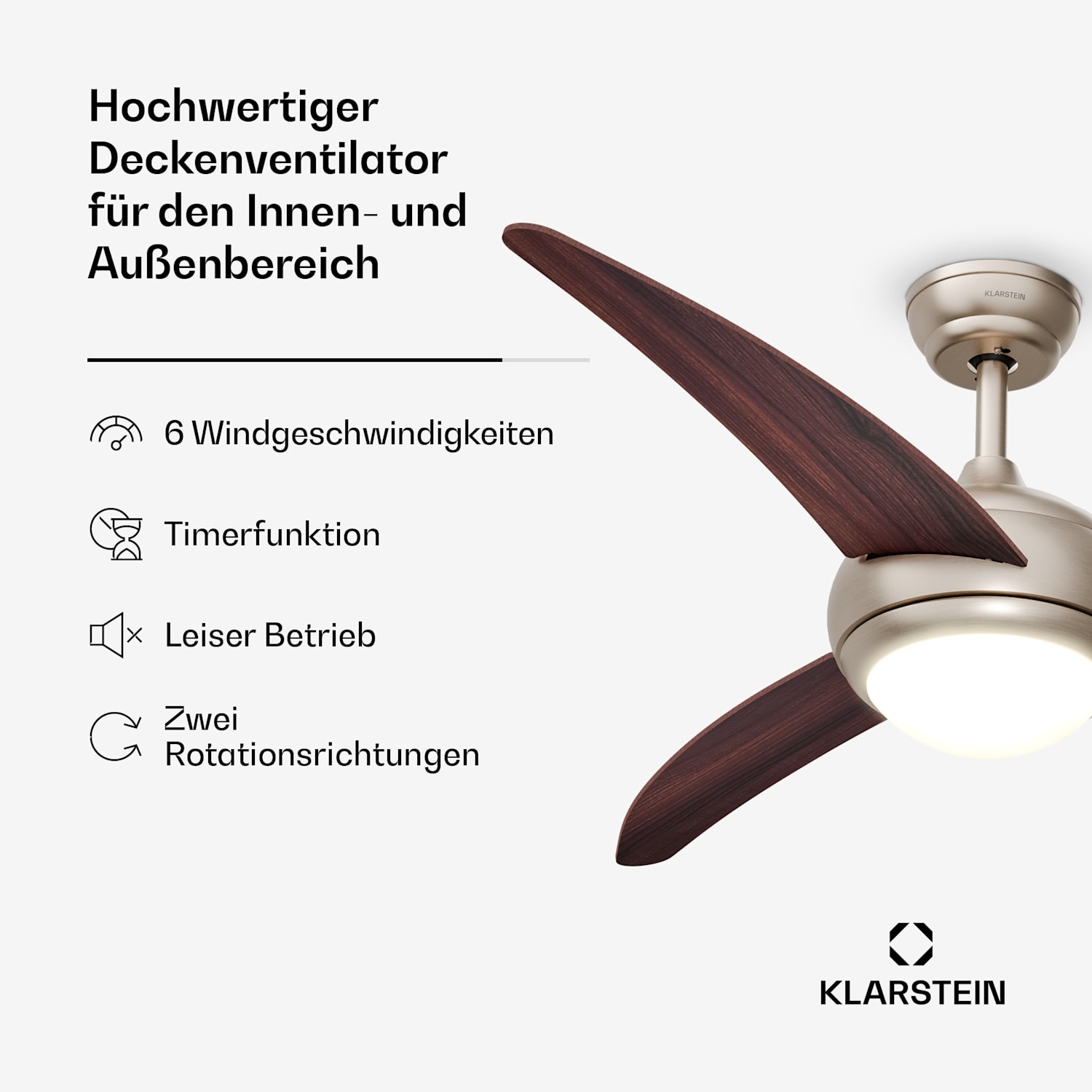 El Paso Deckenventilator mit Licht | 132 cm | 35 W | Leiser Betrieb | Holz Walnuss