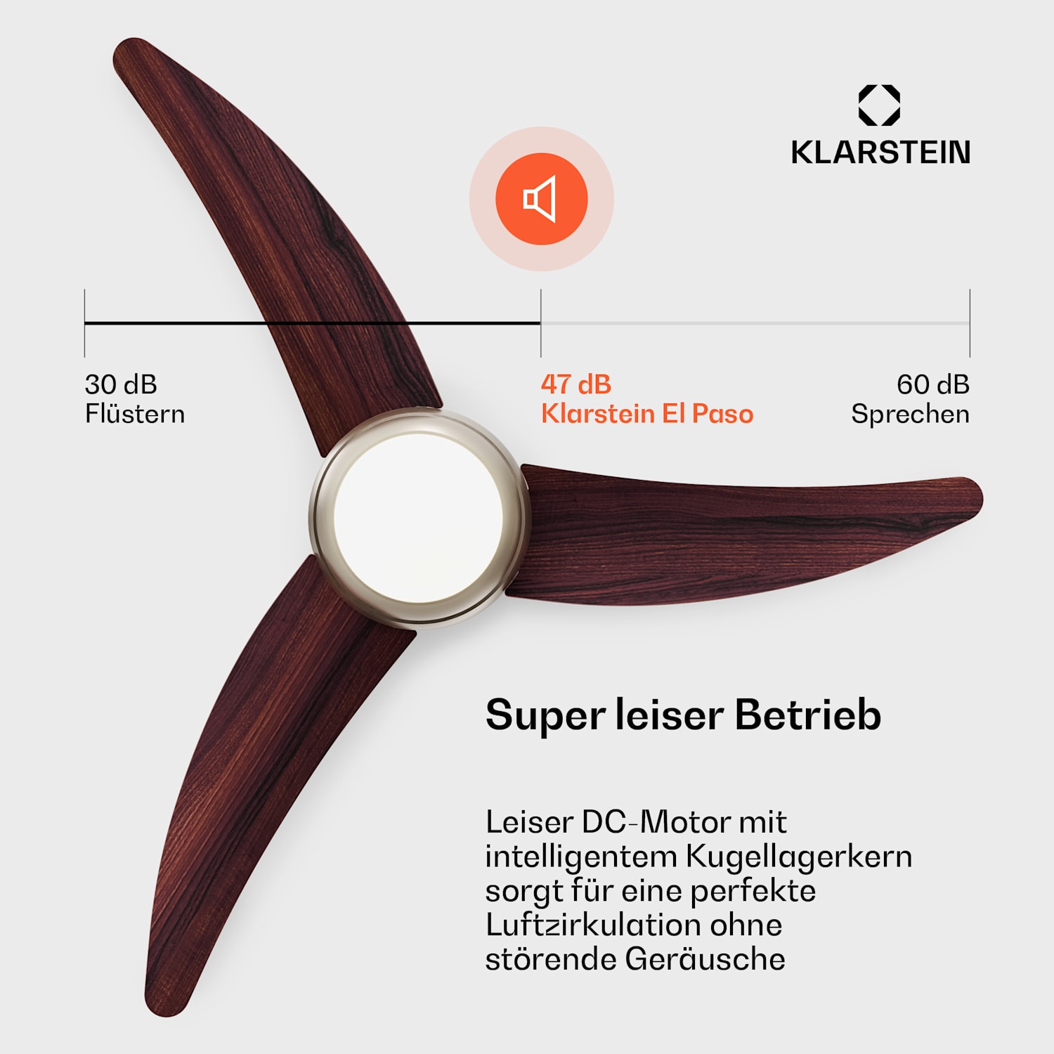 El Paso Deckenventilator mit Licht | 132 cm | 35 W | Leiser Betrieb | Holz Walnuss
