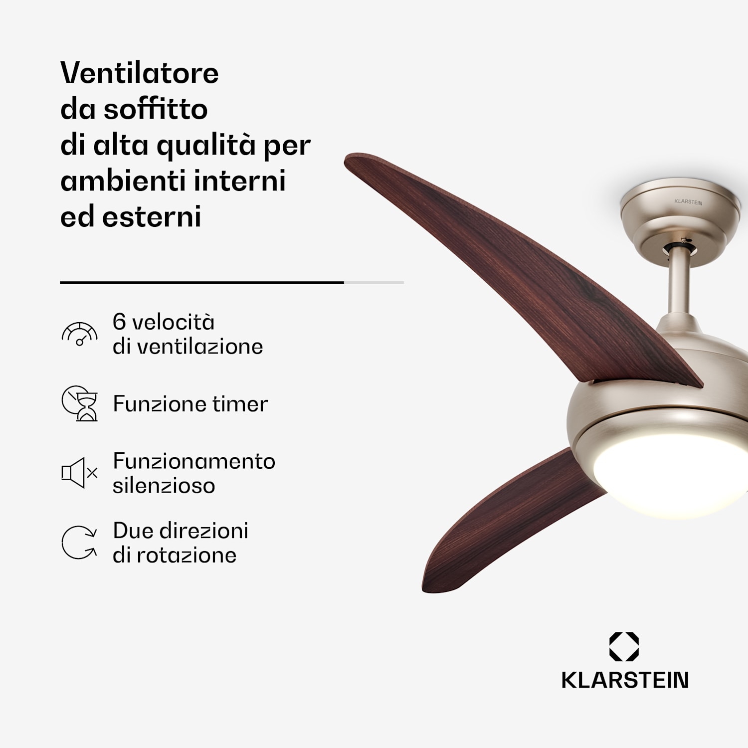 El Paso - Ventilatore da soffitto con lampada | 132 cm | 35 W | Funzionamento silenzioso | Legno Noce