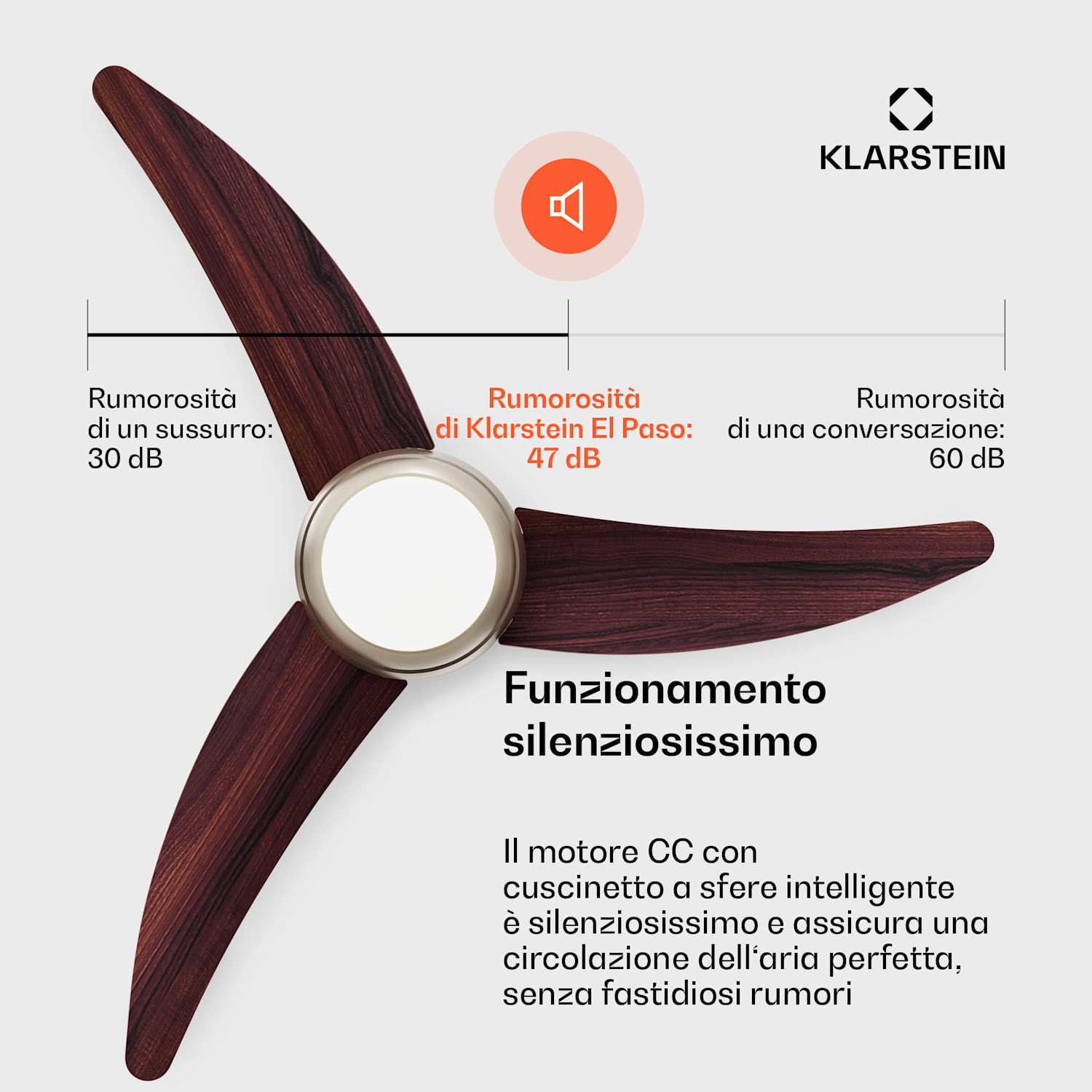 El Paso - Ventilatore da soffitto con lampada | 132 cm | 35 W | Funzionamento silenzioso | Legno Noce