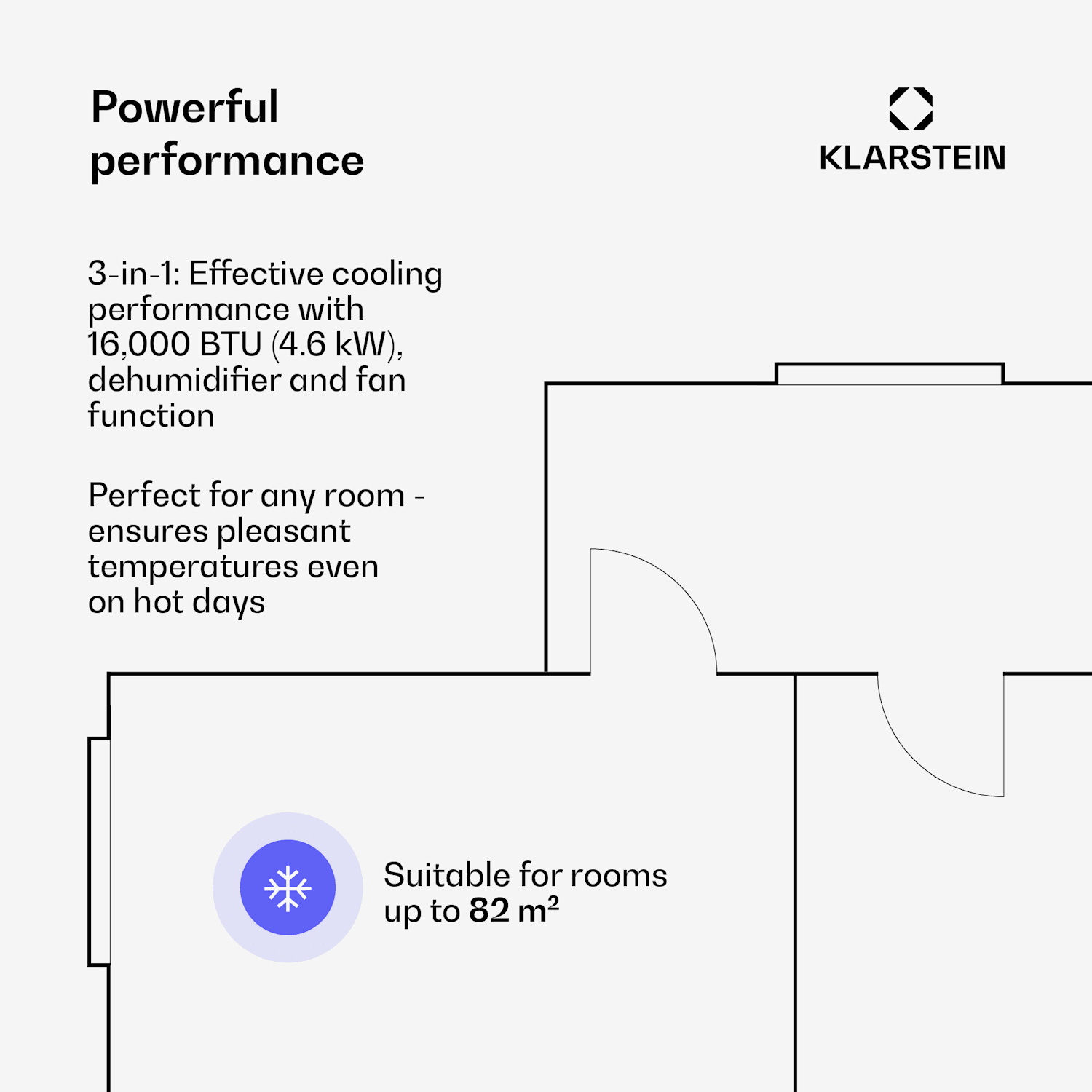 Grandbreeze siirrettävä ilmastointilaite | 16 000 BTU | 40 cm | 82 m² | Energiatehokkuusluokka A 16.000 BTU | Kyllä | Musta