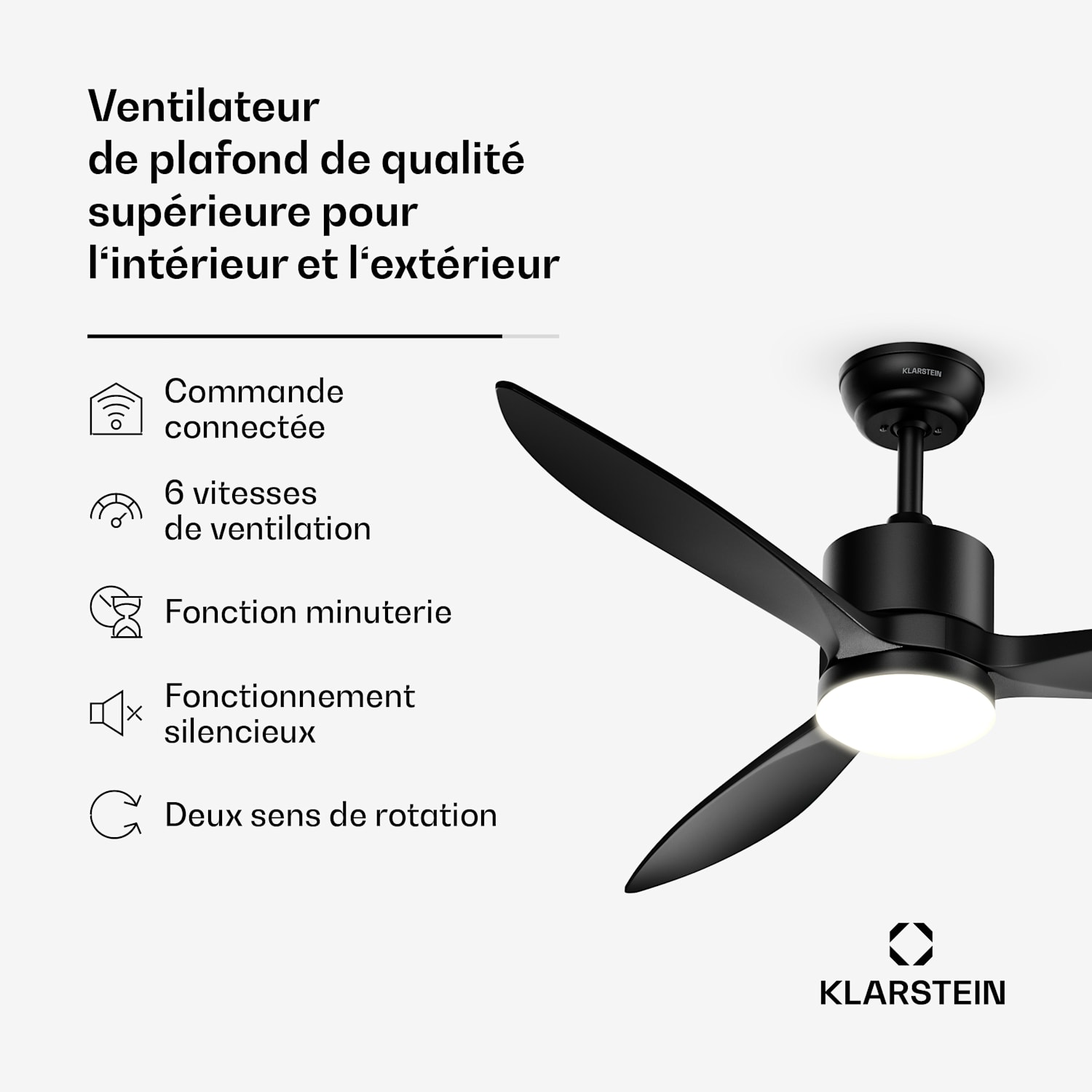 SkyBreeze ventilateur de plafond intelligent avec lumière | 132 cm | 27 W | Silencieux | LED | Bois 132 cm (pièces de 13 à 25 m²) | WIFI + Télécommande | Noir