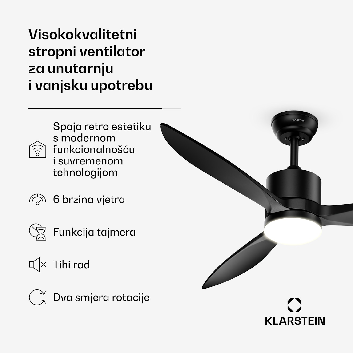 SkyBreeze pametni stropni ventilator s LED svjetlom | 132 cm | 27 W | Tih | Drvo 132 cm (sobe 13–25 m²) | WIFI + daljinski upravljač | Crna