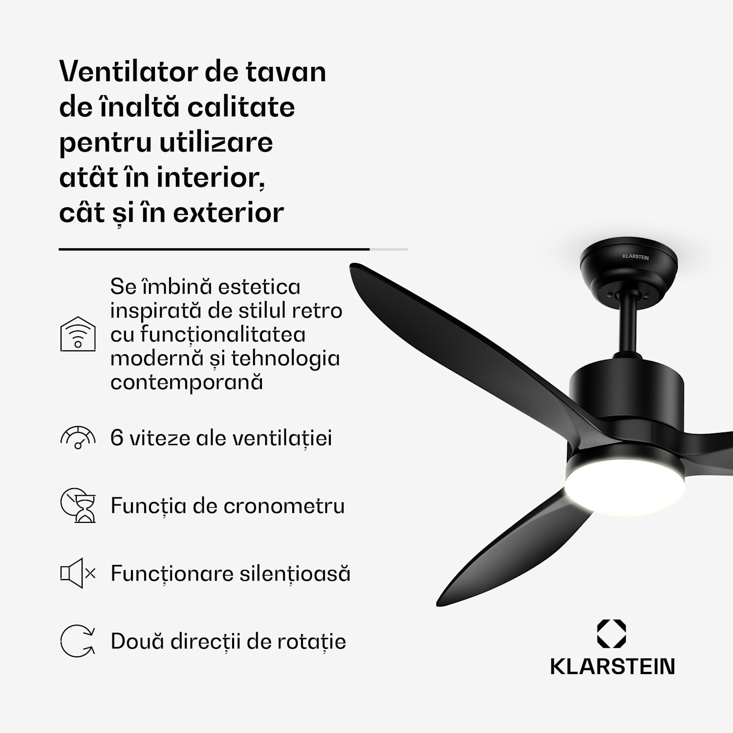 Ventilator de tavan inteligent SkyBreeze cu lumină | 132 cm | 27 W | Silențios | LED | Lemn 132 cm (camere 13–25 m²) | WIFI + telecomandă | Negru