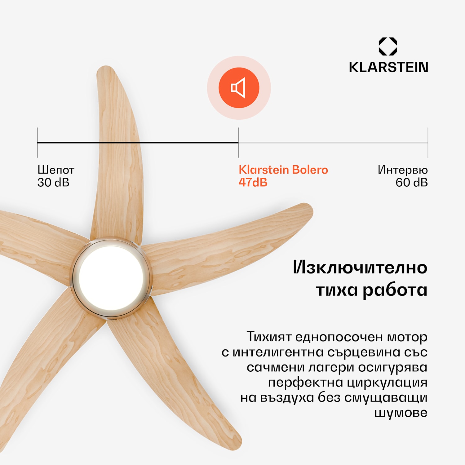 Таванен вентилатор Bolero с лампа | 132 см | 35 W | Тиха работа | Дърво 132 cm (стаи 13–25 m²) | Дистанционно управление | Явор