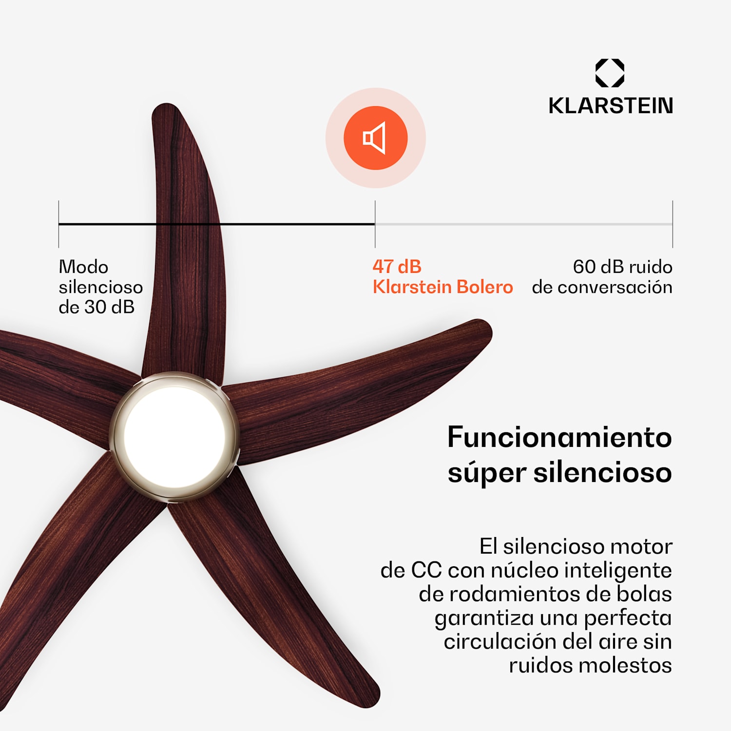 Ventilador de techo Bolero con luz | 132 cm | 35 W | Funcionamiento silencioso | Madera 132 cm (habitaciones de 13 a 25 m²) | Mando a distancia | Nuez