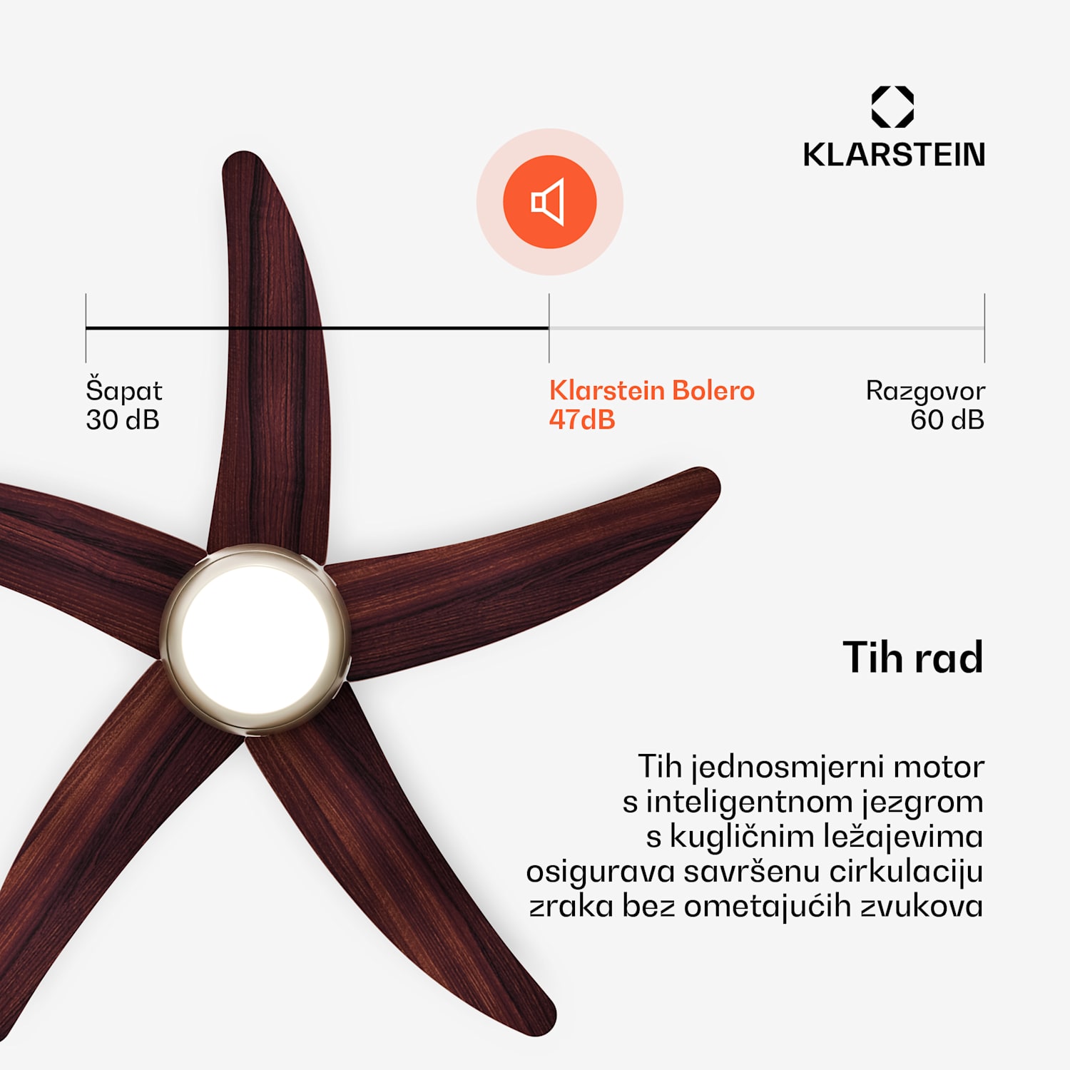 Bolero stropni ventilator sa svjetlom | 132 cm | 35 W | Tihi rad | Drvo 132 cm (sobe 13–25 m²) | Daljinski upravljač | Orah