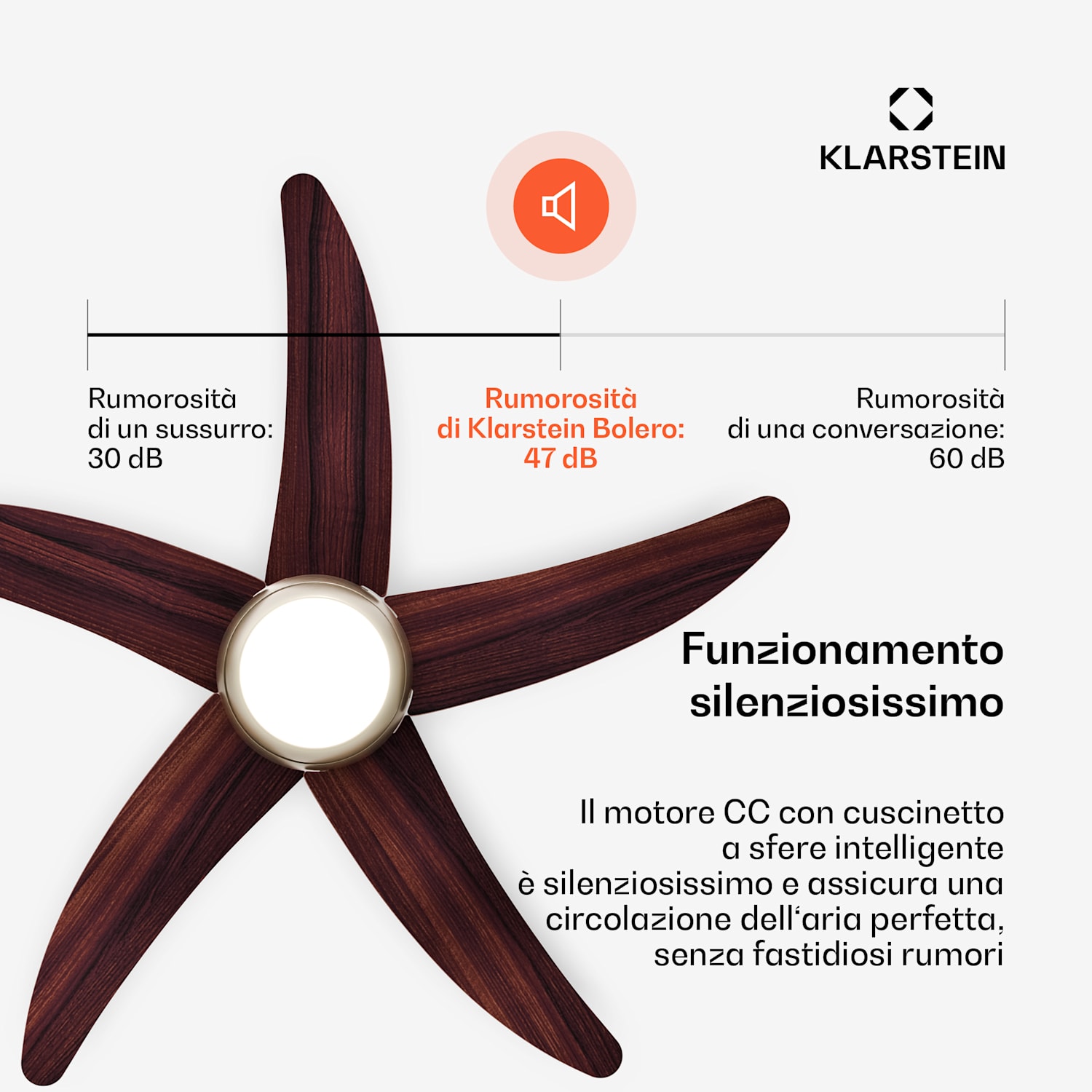 Bolero - Ventilatore da soffitto con lampada | 132 cm | 35 W | Funzionamento silenzioso | Legno 132 cm (stanze 13–25 m²) | Telecomando | Noce